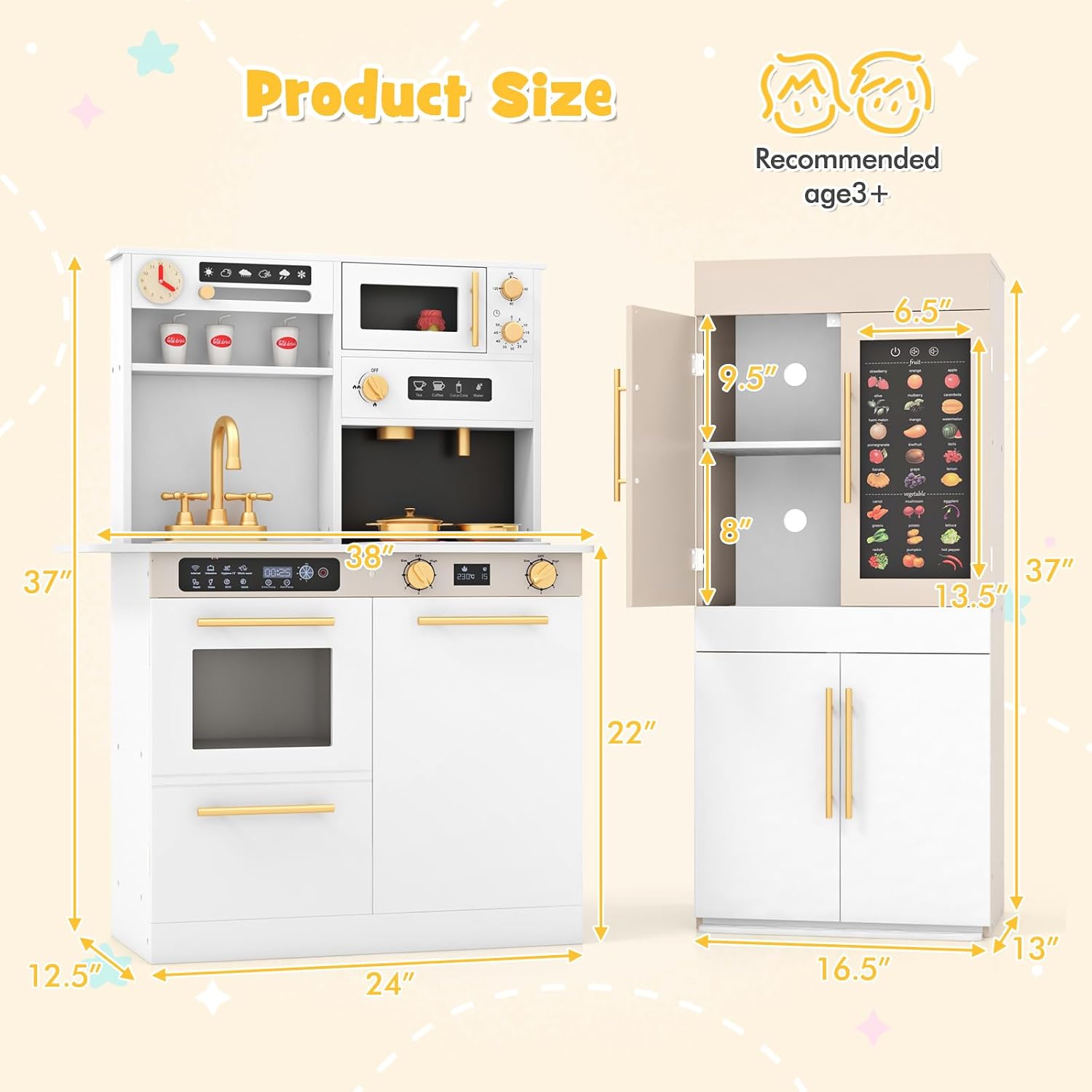INFANS Play Kitchen for Kids, 2-Piece Fridge Refrigerator Playset Combination with Electronic Interactive Alphabet Wall Chart Coffee Machine Stove Microwave, Toddler Wooden Pretend Cooking Set Gift