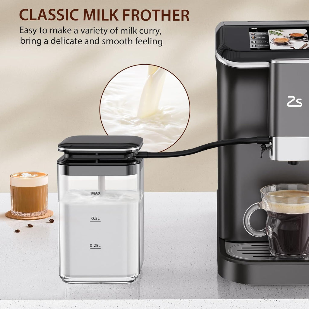Fully Automatic Espresso Machine with Grinder, 20 Bar Espresso Machine with Automatic Milk Frother, 1-15 Adjustable Grind Size Levels, 1.5L Water Tank, Cappuccino & Latte Machine for Home