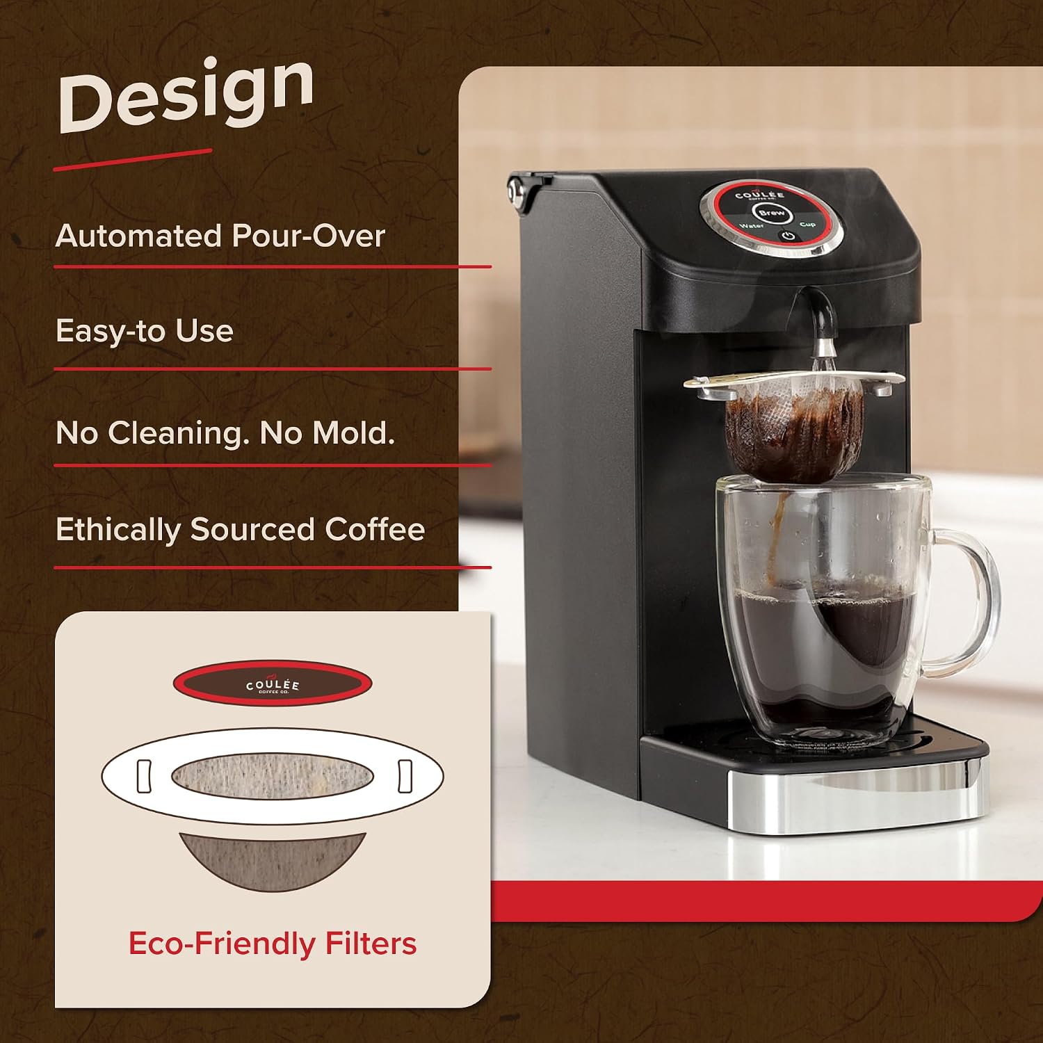 SWIRL Single Serve Pour-Over Coffee Maker, No Plastic Pods, Stainless Steel Brew Path, Automated Pour Over Machine, Use with Any Mug, Black