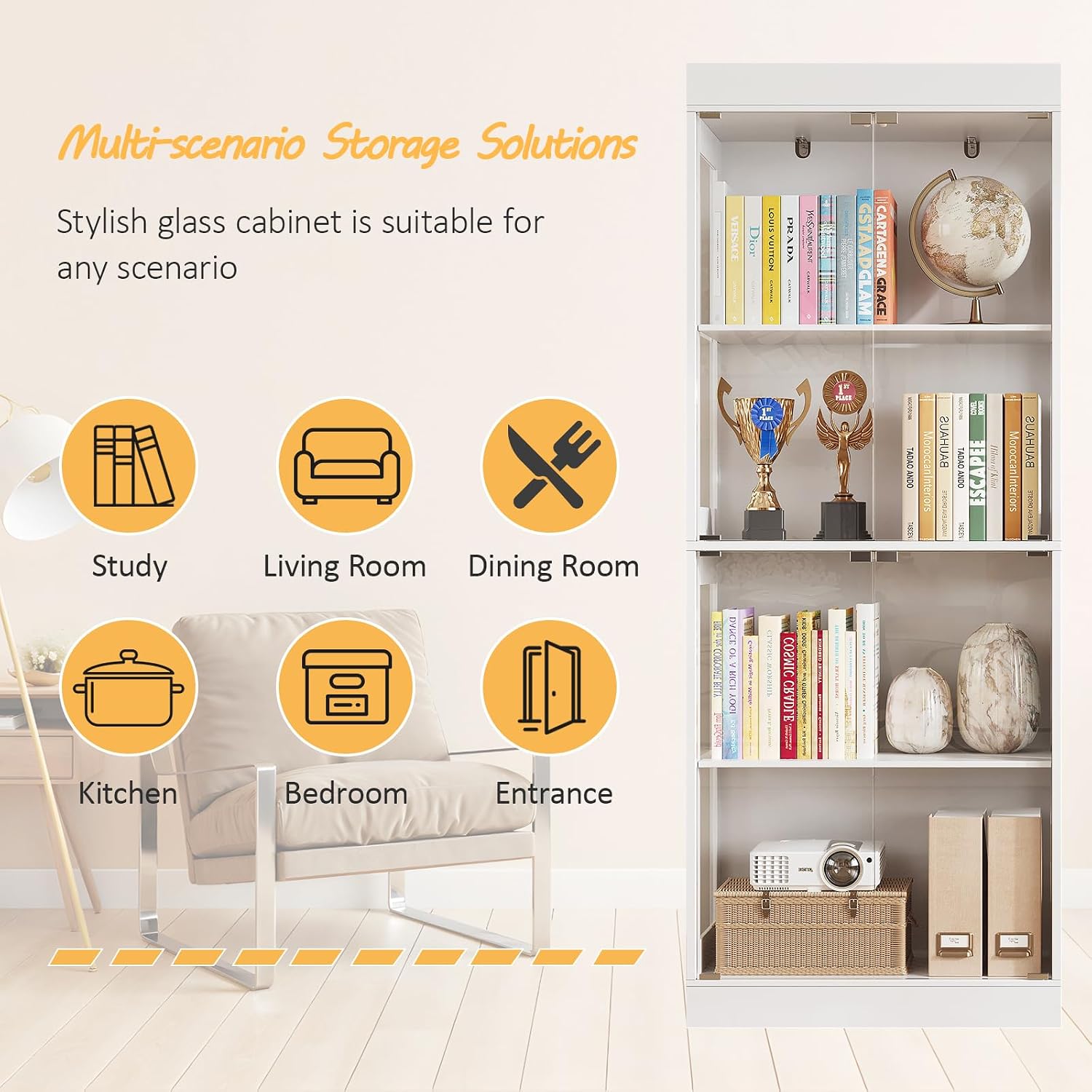 70.1' Display Cabinet with Glass Doors,4-Tier Curio Cabinet for Collectibles, Tempered Glass Display Case with Handleless Design for Living Room, Office, Kitchen，White