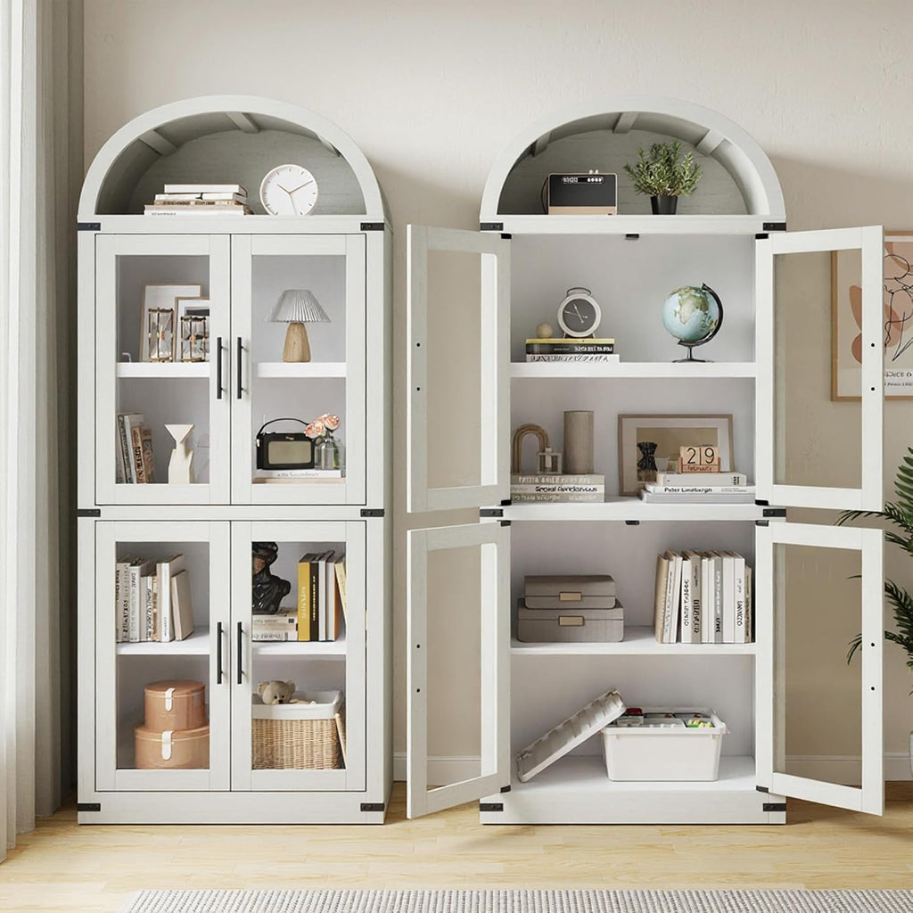 GarveeHome Arched Bookcase with Doors Modern 6-Tier Bookshelf with Storage Wooden Display Cabinet Farmhouse Storage Shelves for Living Room, Kitchen, Office (White)