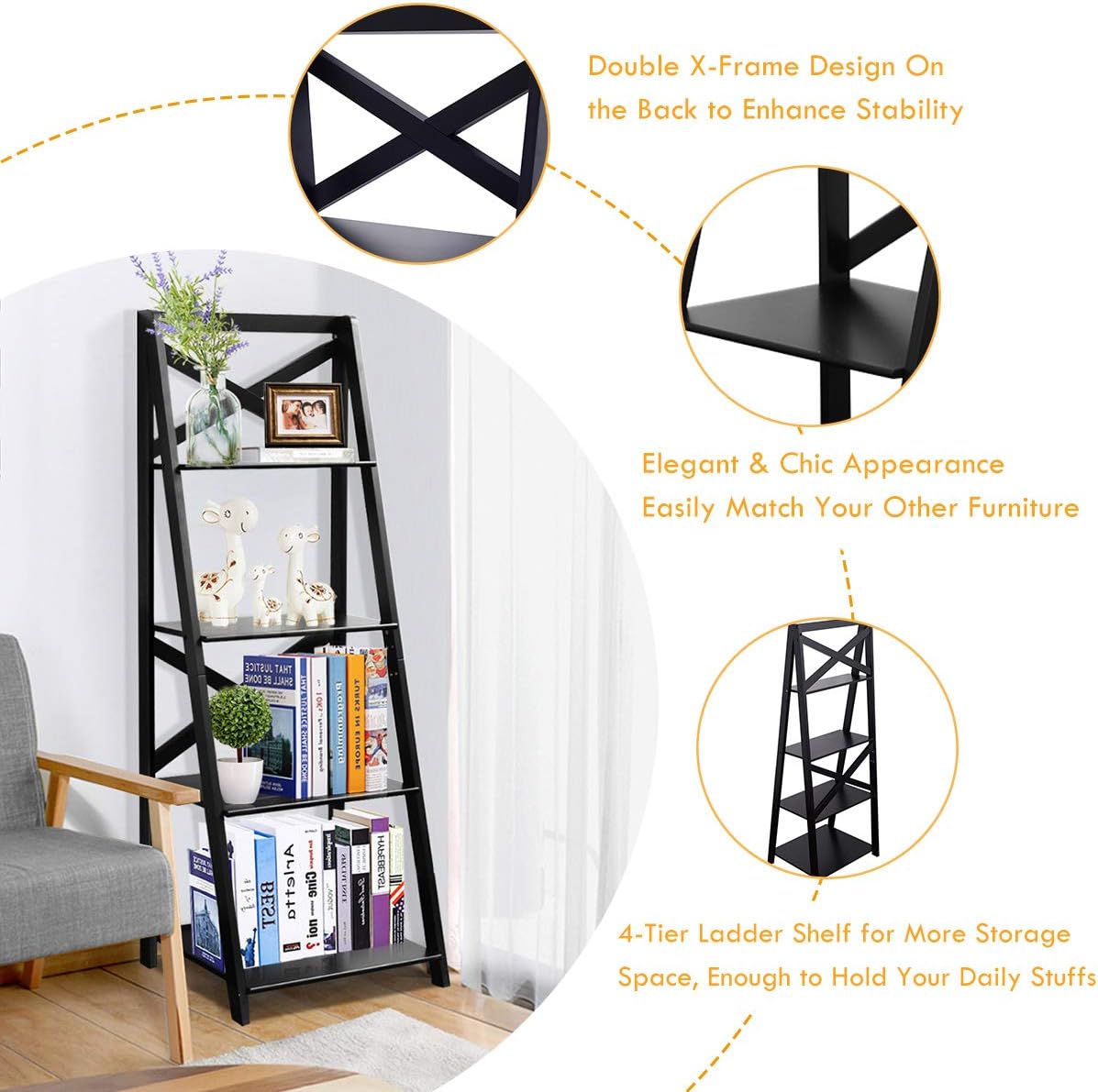Tangkula 4-Tier Ladder Shelf Bookcase (Set of 2), Leaning Free Standing Wooden Frame Decor Bookshelf, Storage Flower Shelf, Plant Display Shelf for Home Office