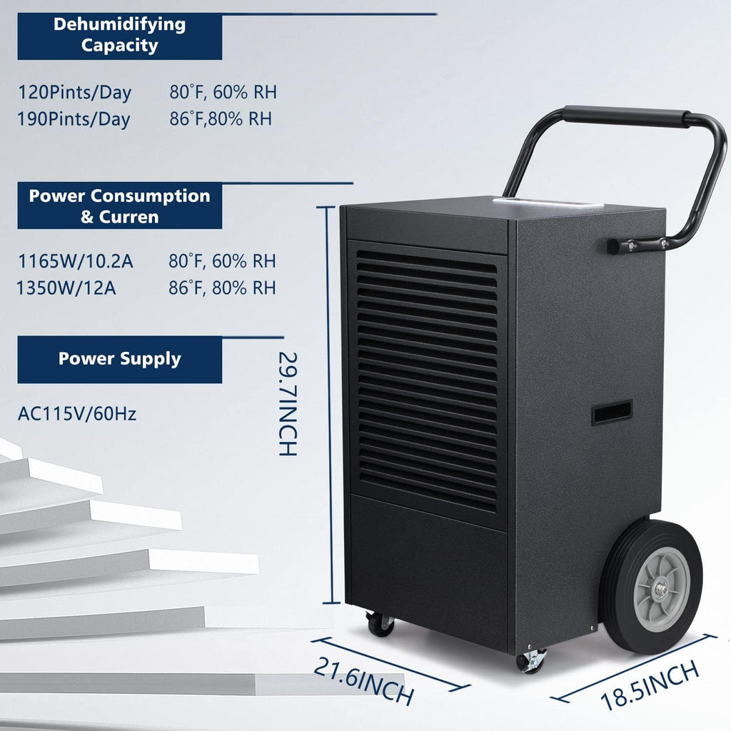 ZAFRO Commercial Dehumidifier, 190 Pints/Day Dehumidifier with Drain Hose for Crawl Spaces/Basements/Large Room, Auto Drainage, 2 Operation Modes, Memory Starting and 24 hr Timer, Black