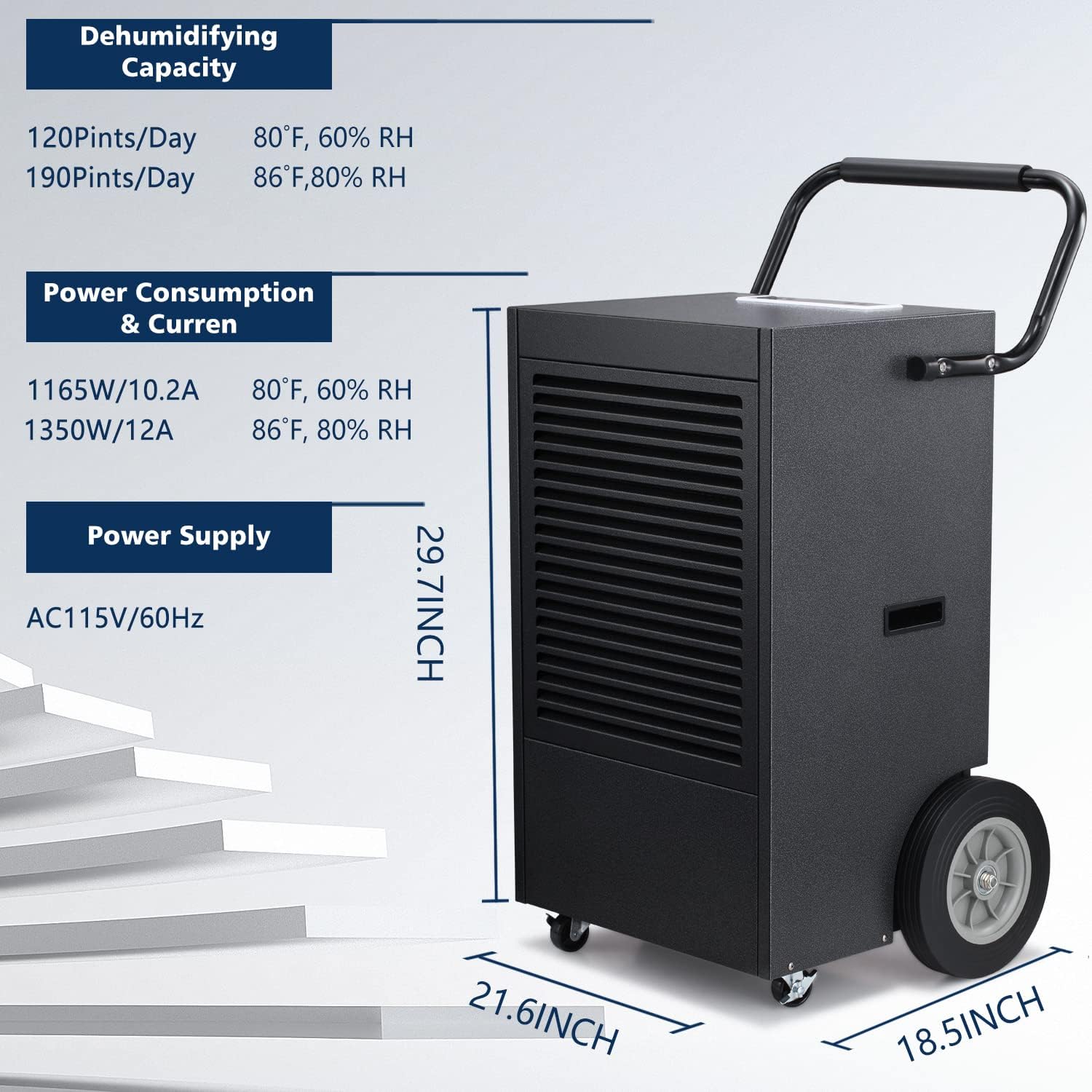ZAFRO Commercial Dehumidifier, 190 Pints/Day Dehumidifier with Drain Hose for Crawl Spaces/Basements/Large Room, Auto Drainage, 2 Operation Modes, Memory Starting and 24 hr Timer, Black