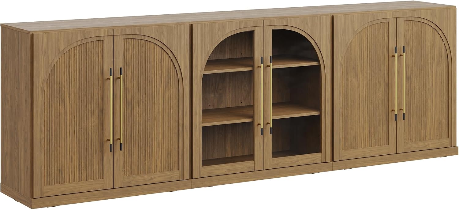 BELLEZE 3-Piece Modular Sideboard Buffet Set Freely Configurable, 2 Arched Wood Door and 1 Glass Door Display Cabinet, 97'' Classic Modern Storage Credenza for Dining Room or Living Room - Camel