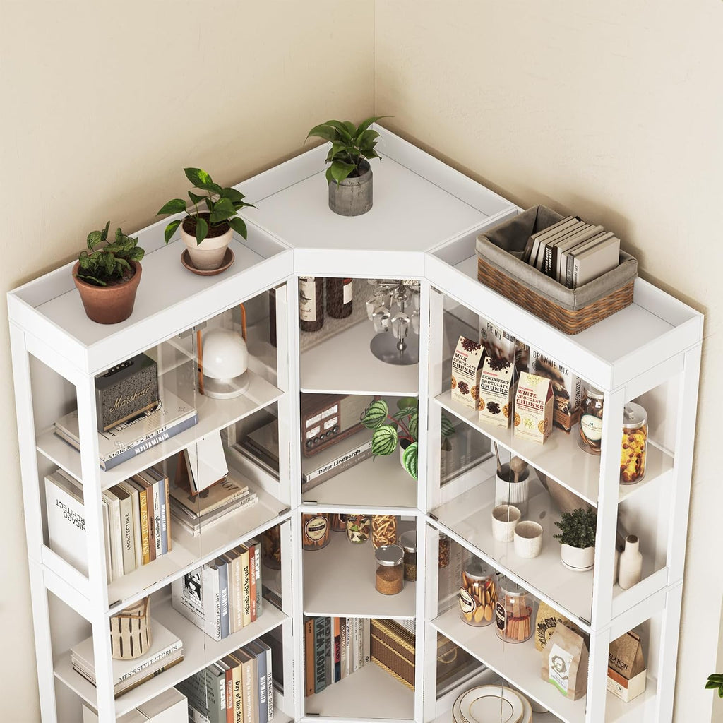 70.1' Large Corner Cabinet with Glass Doors,4 Tiers L-Shaped Storage Cabinet with 12 Shelves & Top Guard Rail，Corner Bookshelf for Living Room, Home Office, White