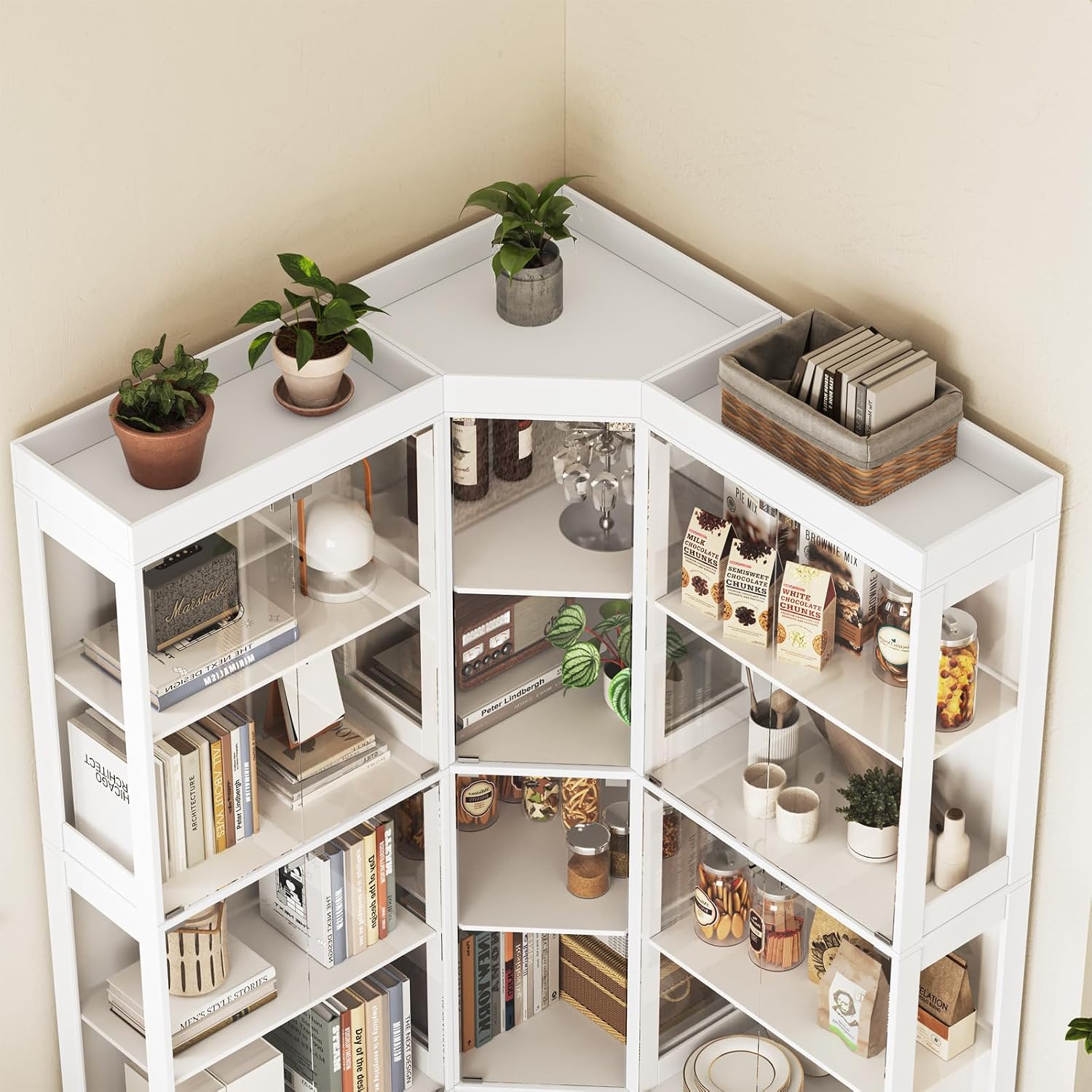 70.1' Large Corner Cabinet with Glass Doors,4 Tiers L-Shaped Storage Cabinet with 12 Shelves & Top Guard Rail，Corner Bookshelf for Living Room, Home Office, White