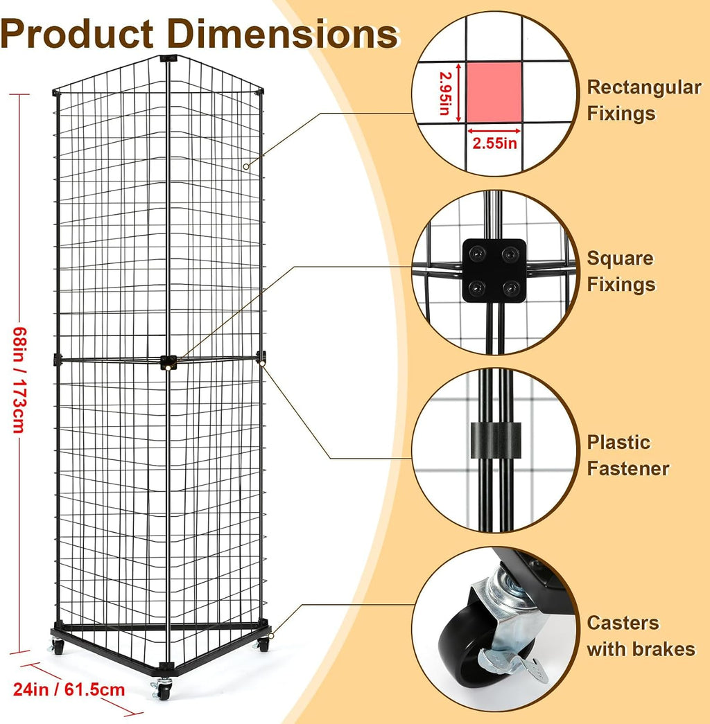 GADFISH Triangular Gridwall Panel Display Stand, Black Triangle Wire Grid Tower with Base and Casters, 24' x 68' Rolling Grid Wall, Panel Stand for Home Organization, Retail, Trade Show, Vendor