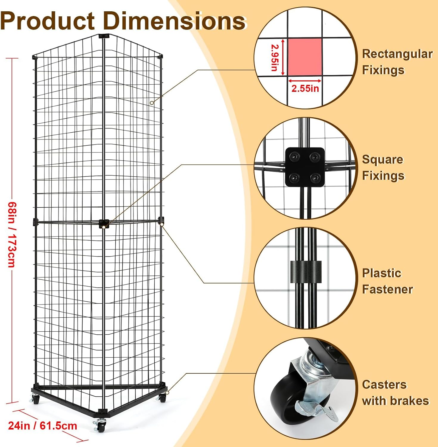 GADFISH Triangular Gridwall Panel Display Stand, Black Triangle Wire Grid Tower with Base and Casters, 24' x 68' Rolling Grid Wall, Panel Stand for Home Organization, Retail, Trade Show, Vendor