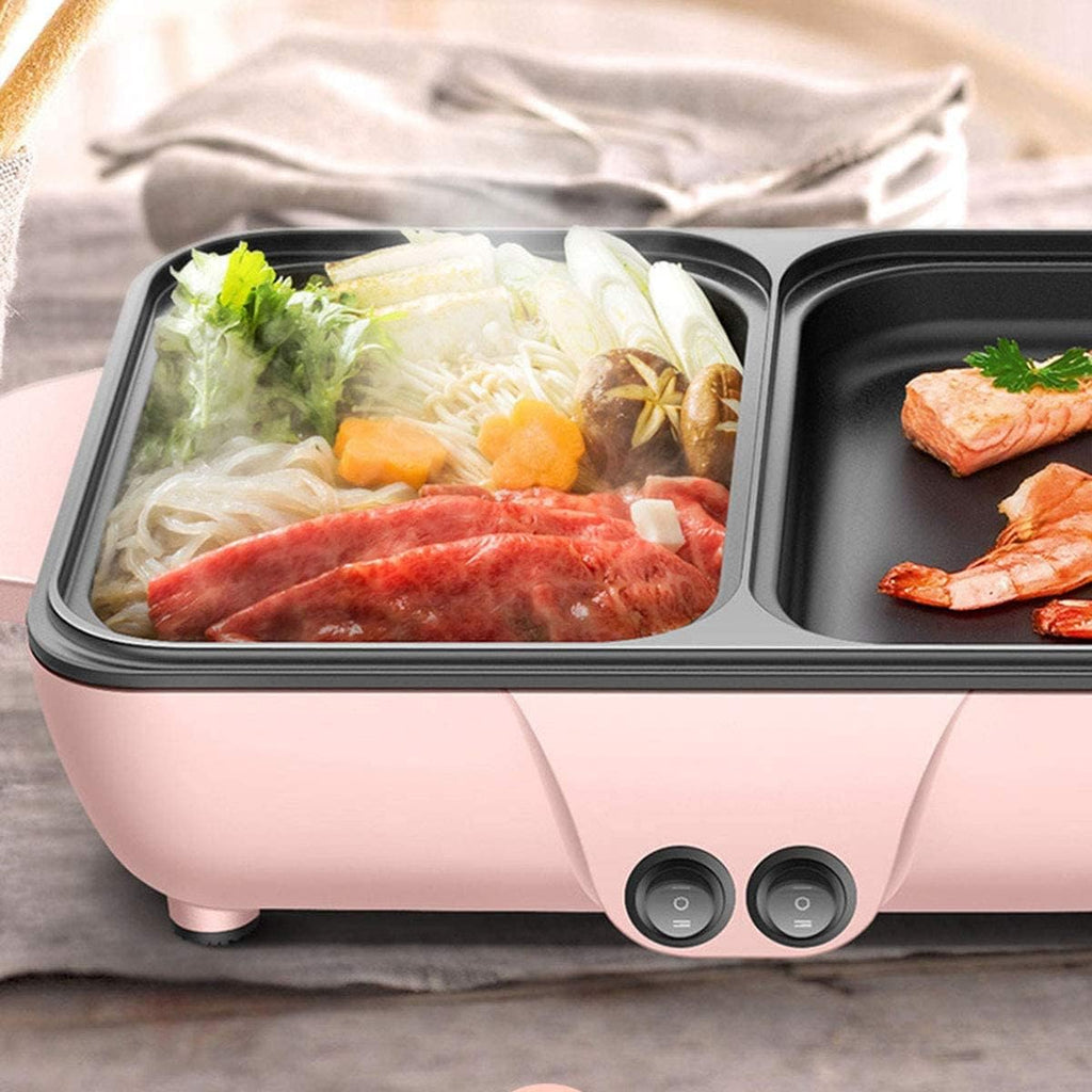 BBQ Smokeless Grill Non-stick Electric Griddle 2-in-1 Indoor Grill Pot Small Multifunctional Electric Cooker Smokeless BBQ Grill Shabu Pot Cooking Pot Temperature Control White 30x22x8.5cm (Color : W