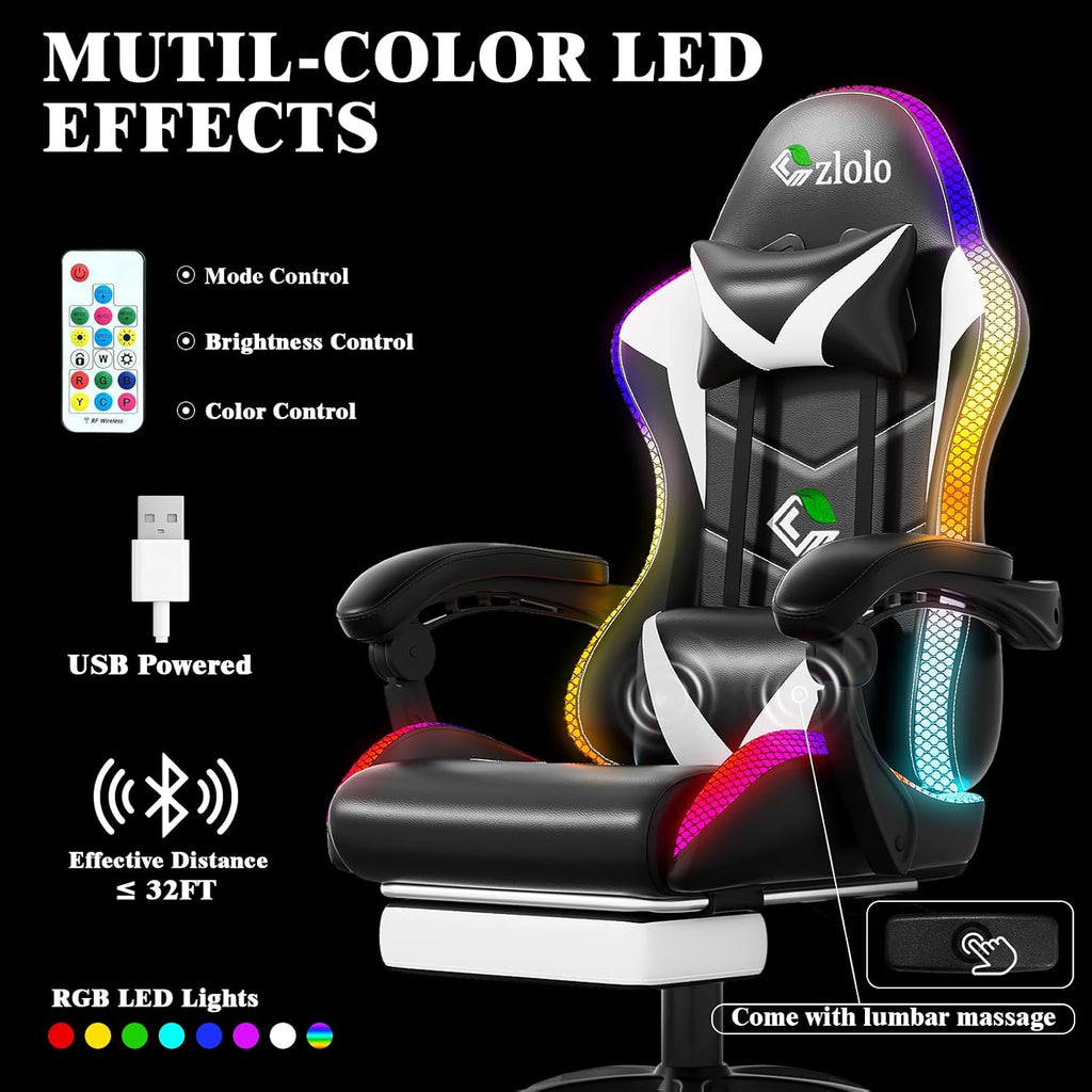 Czlolo Gaming Chair, Racing Style RGB LED Lights Gaming Chairs for Adults and Kids, Lumbar Massager Gamer Chair, High Back Reclining Computer Chair with Footrest and Headrest (Black/White)