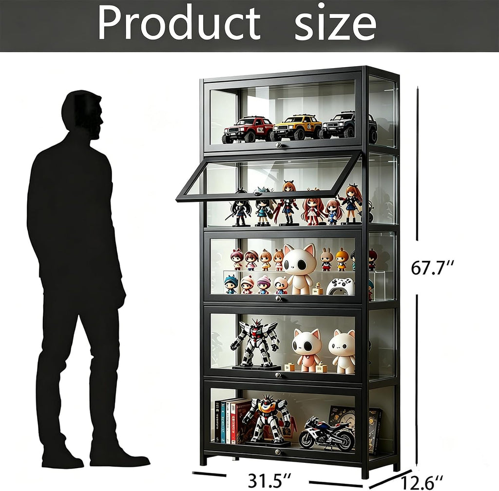 Display Cabinet with Acrylic Glass Door, 5 Tier Curio Display Case, Collectibles Toy Organizers Rack & Display Shelf, Kids Bookcase for Bedroom, Reading Nook, living Room, Bamboo (Black -flip Door)
