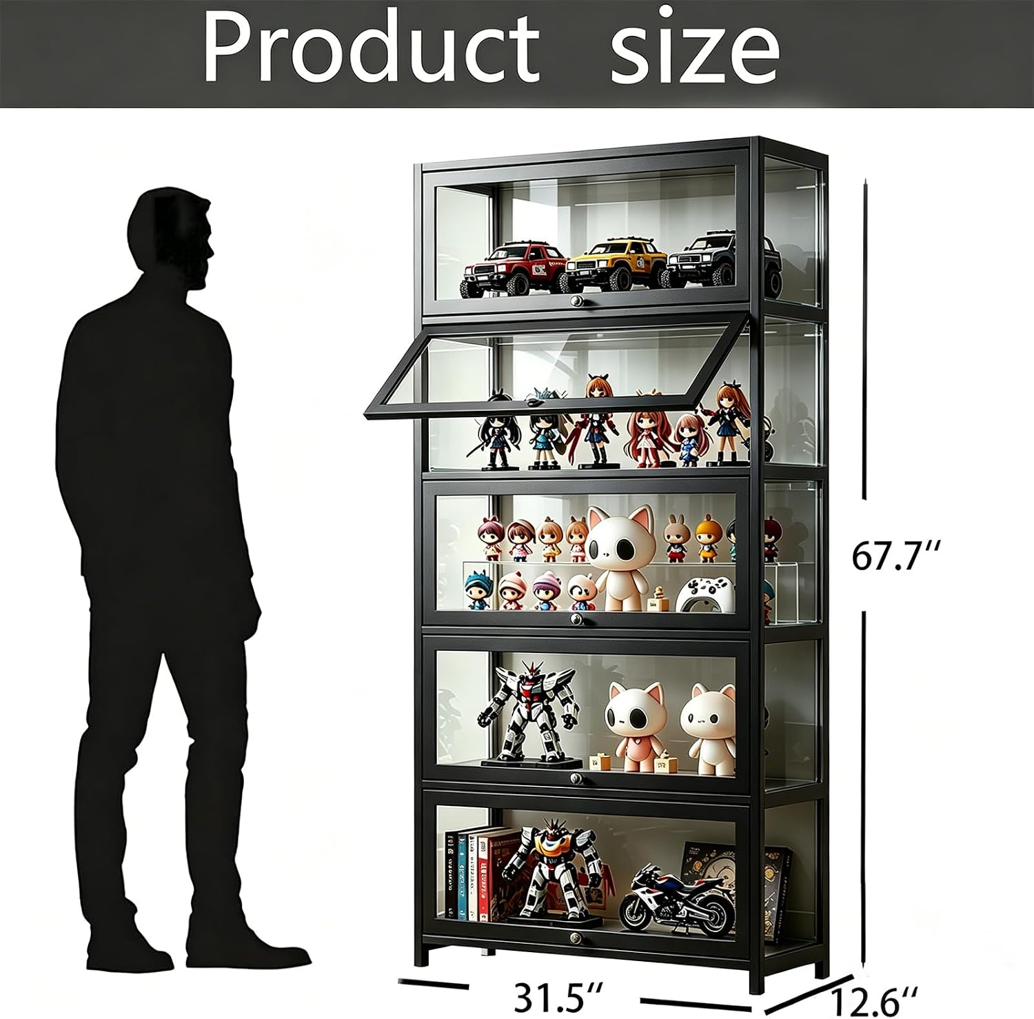 Display Cabinet with Acrylic Glass Door, 5 Tier Curio Display Case, Collectibles Toy Organizers Rack & Display Shelf, Kids Bookcase for Bedroom, Reading Nook, living Room, Bamboo (Black -flip Door)