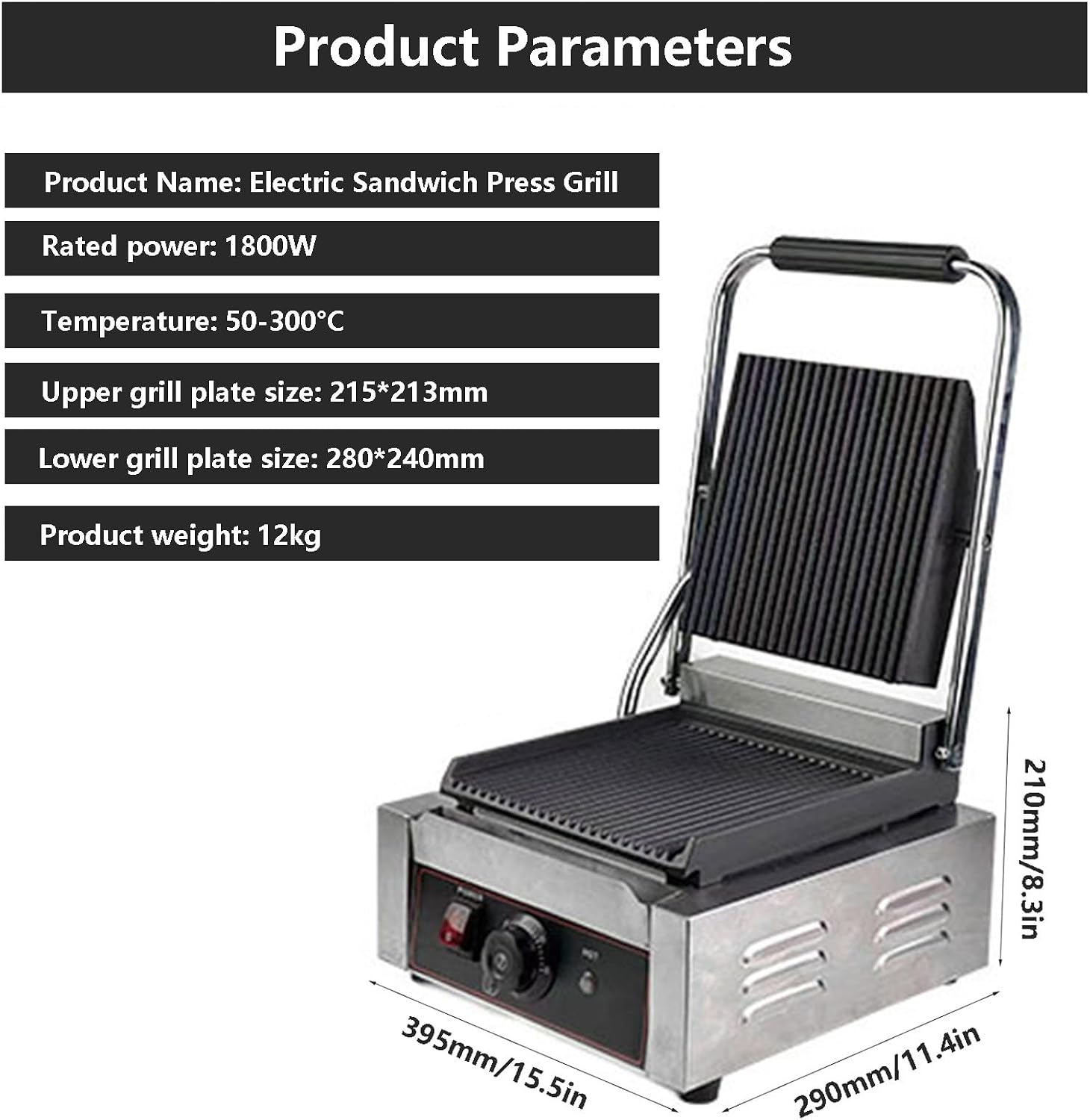 Electric Sandwich Maker 1800w Electric Contact Grill, Non-Stick Sandwich Toaster, Adjustable Temperature Control From 50-300°C, For Commercial Use (Grooved/Smooth),grooved