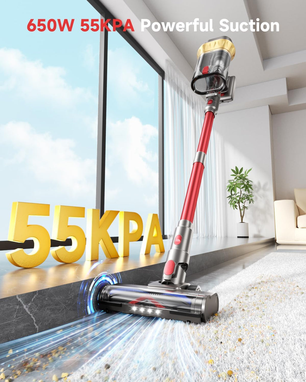 AIPOWAY 650W Cordless Vacuum Cleaner with 55KPa Flagship Suction, 75-Min Extended Runtime 2.5L Dual-Cup Capacity, Anti-Tangle Brush & Self-Standing Design HEPA Filtration for Furniture Carpet Pet Hair