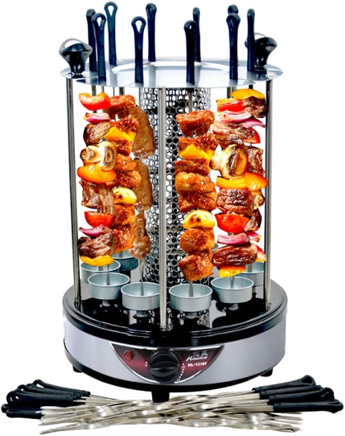 Electric BBQ Smokeless Grill Indoor - Vertical Barbecue Grill, Includes Skewers, Machine Rotisserie Grill for Home- Broiling Meat Layers, Shashlik, Gyros, Sausages, Poultry