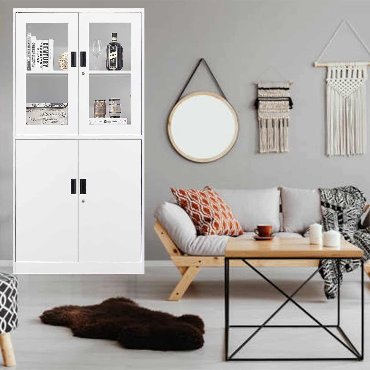 SISESOL Storage Cabinet with Glass Doors and Shelves, Freestanding Kitchen Pantry Cabinet for Home, Office, Bathroom