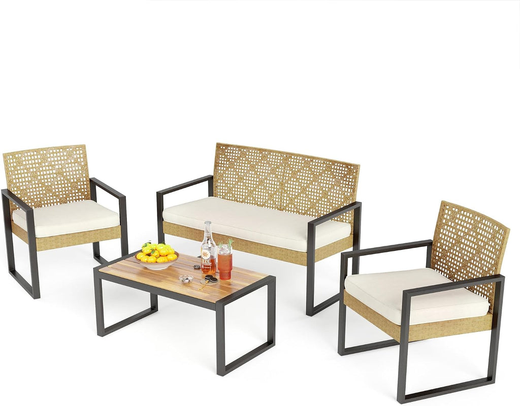 PHI VILLA Wicker Patio Furniture Set for 4, Rattan Small Patio Loveseat and Chairs with Acacia Wood Coffee Table, Outdoor Conversation Set with Cushion, Front Porch Furniture for Deck, Yard, Garden