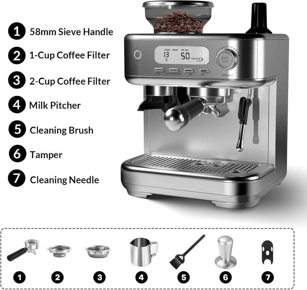 Espresso Machine 15 Bar, LCD Display Espresso Maker with Grinder, Milk Frother and PID Temperature Control, Professional Coffee Maker for Latte Cappuccino - 8.8 Oz Bean Hopper