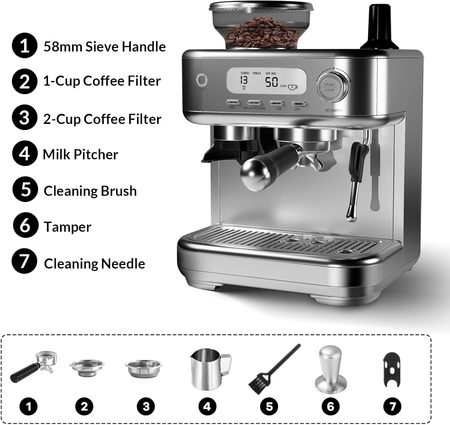 Espresso Machine 15 Bar, LCD Display Espresso Maker with Grinder, Milk Frother and PID Temperature Control, Professional Coffee Maker for Latte Cappuccino - 8.8 Oz Bean Hopper