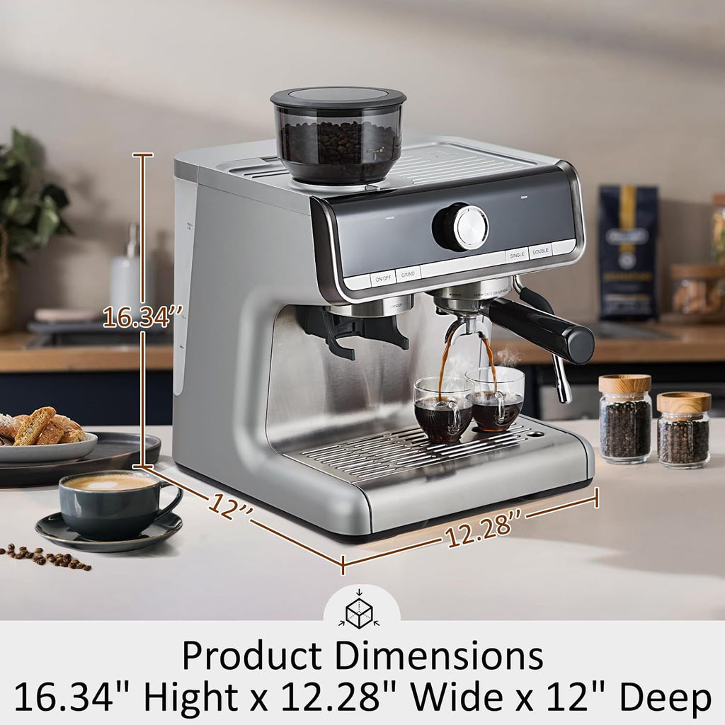GarveeHome Espresso Machine With Grinder, 20 Bar Semi-Automatic Espresso Coffee Maker With Milk Frother Steamer Wand Cappuccino Latte Macchiato, 95 oz Water Tank, Pid Temperature Control-Silver