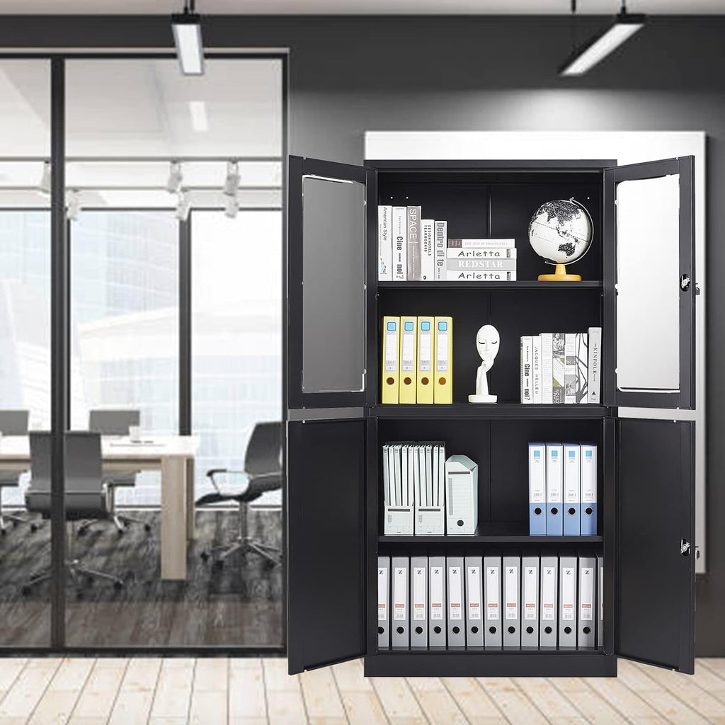 SISESOL Display Cabinet with Glass Doors and Lock,Black Metal Storage Cabinet,Freestanding Locking Kitchen Pantry Cabinets with Doors and Shelves for Home Office,Pantry,Kitchen Bathroom