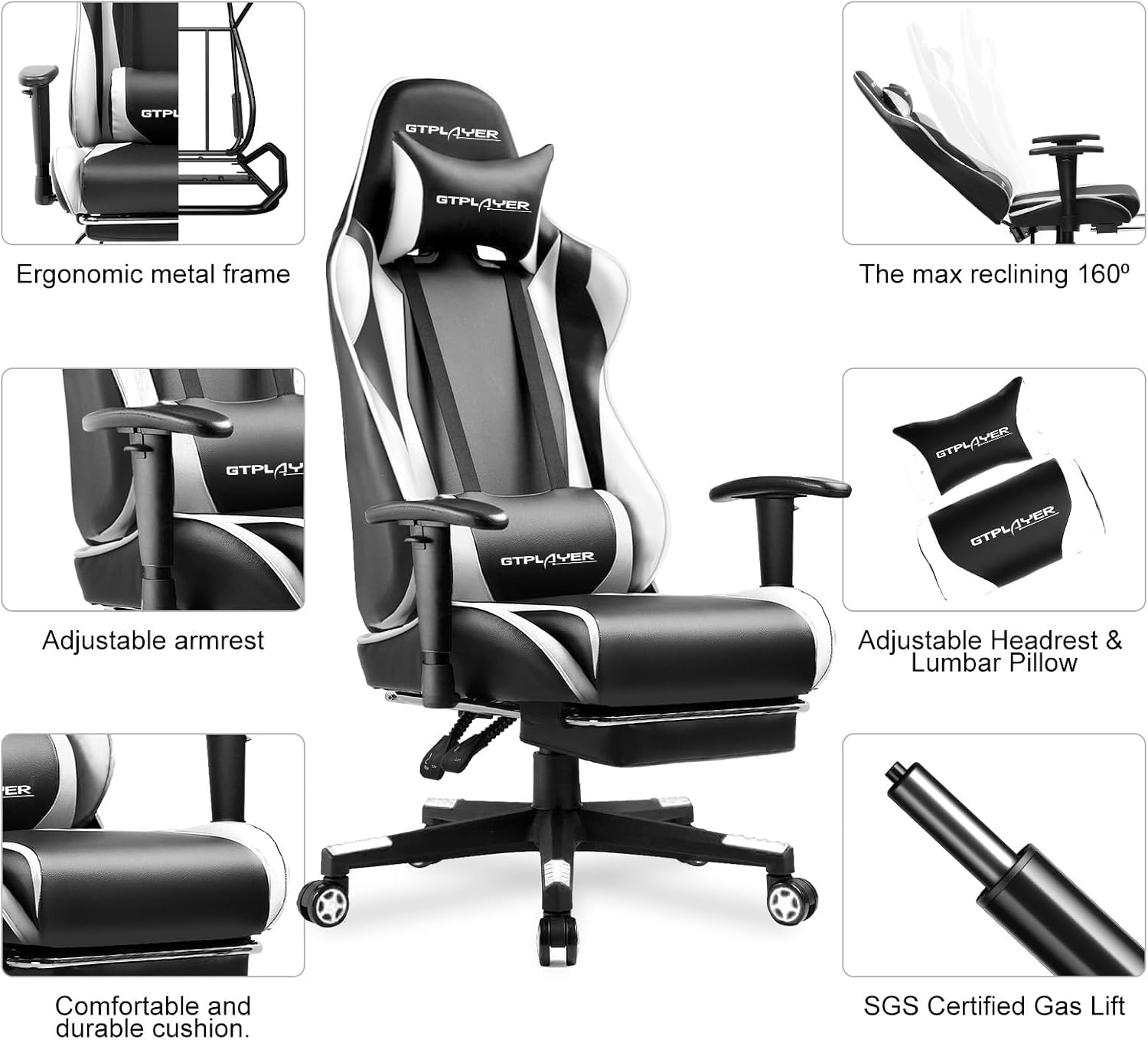 GTPLAYER Gaming Chair with Footrest, Ergonomic Computer Game Desk Chair, Reclining Gamer Chair Seat Height Adjustment, Swivel Rocker with Headrest and Lumbar (White)