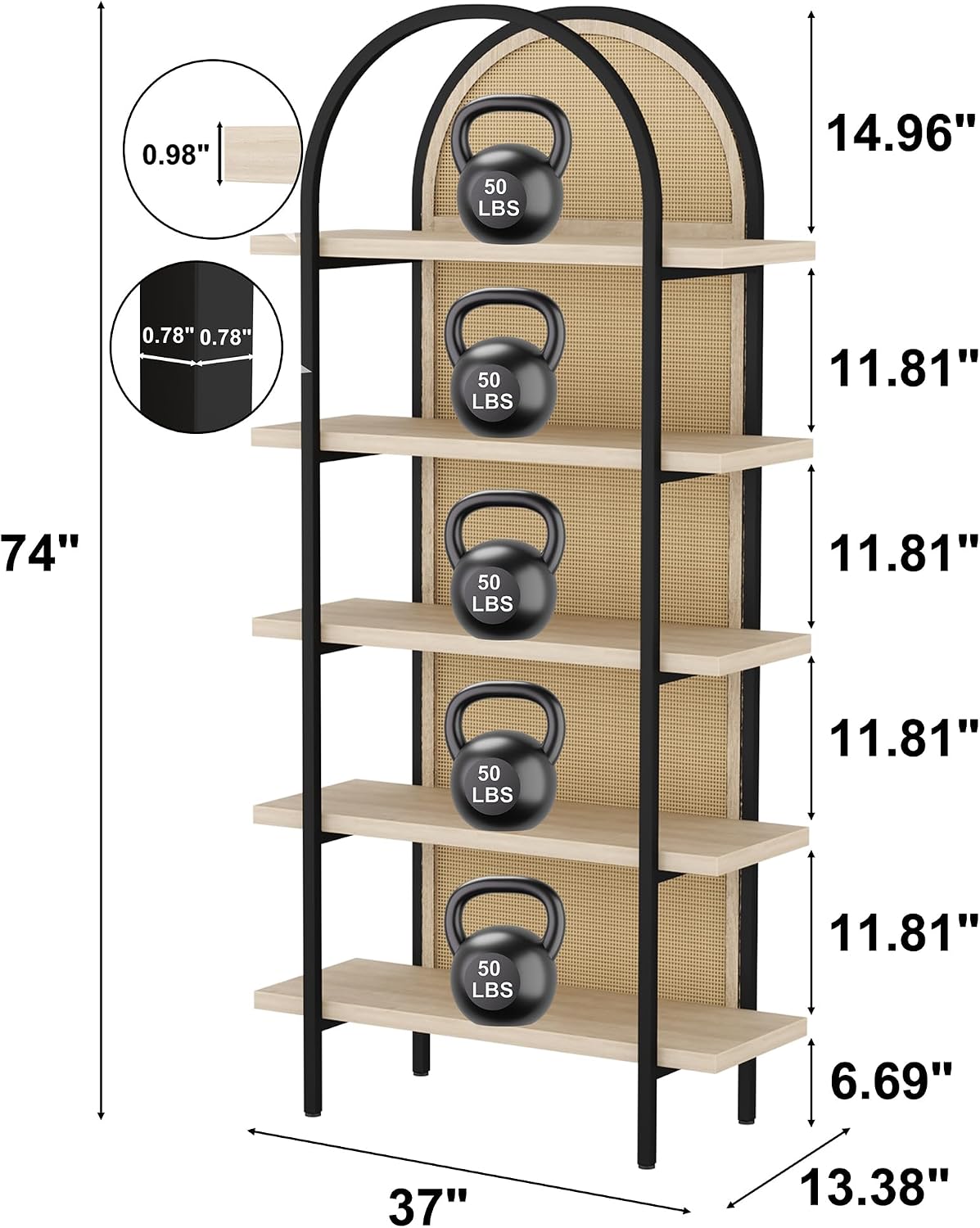 Yusong Bookshelf Rattan 5 Tier Arched Bookcase, 74' Tall Industrial Open Book Shelves for Living Room, Modern Freestanding Display Shelving Boho Storage Rack with Metal Frame for Office, Brown
