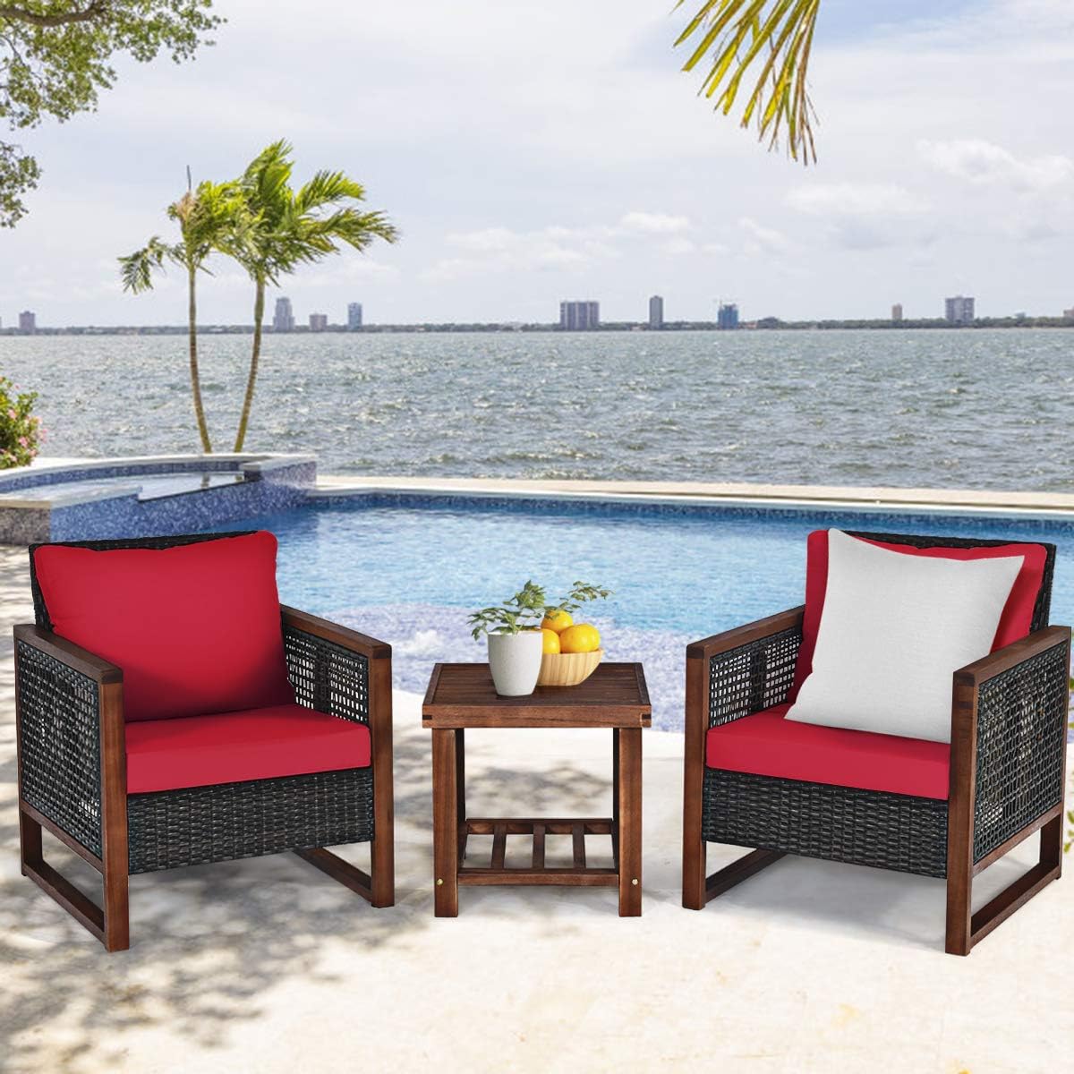 Tangkula 3 Pieces Patio Wicker Furniture Set, Rattan Outdoor Sofa Set w/Washable Cushion & Acacia Wood Coffee Table, Conversation Bistro Set for Garden Balcony Backyard (Red)