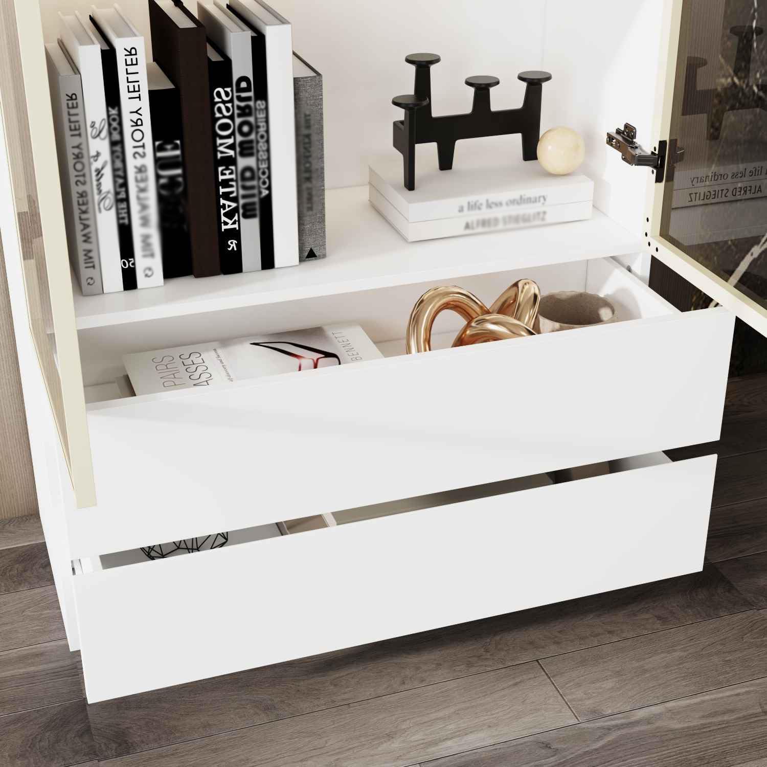 Curio Display Cabinet with Light, Storage Shelves with Pop-up Glass Doors, 2 Drawers & 3 Color Light, Collectibles Cabinet Display Shelf, Bookshelf Showcase for Living Room, White w/Drawer