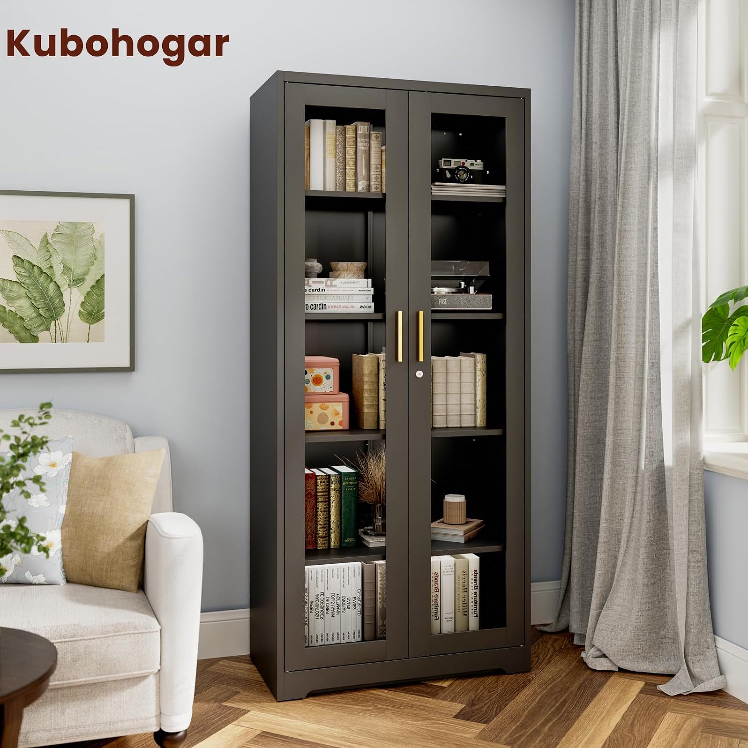 71' Metal Display Cabinet with Glass Doors, Locking Curio Cabinets with 4 Adjustable Shelves, Glass Display Case for Collectibles, Metal Storage Cabinet