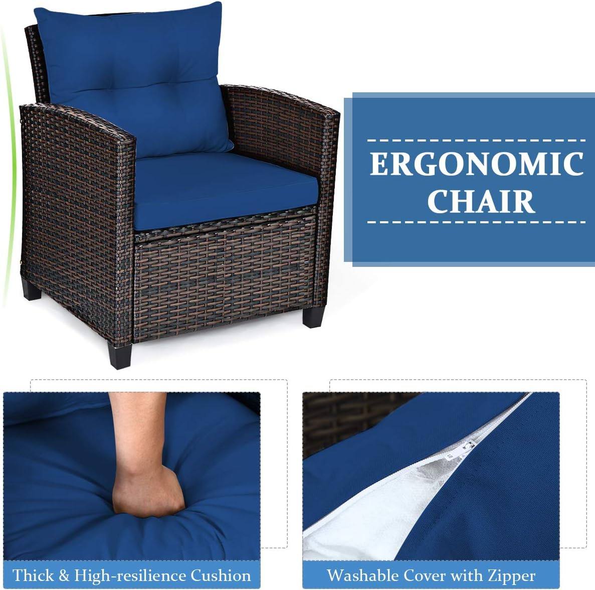 Tangkula 3 Pieces Patio Furniture Set, PE Rattan Wicker 3 Pcs Outdoor Sofa Set w/Washable Cushion and Tempered Glass Tabletop, Conversation Furniture for Garden Poolside Balcony (Blue)