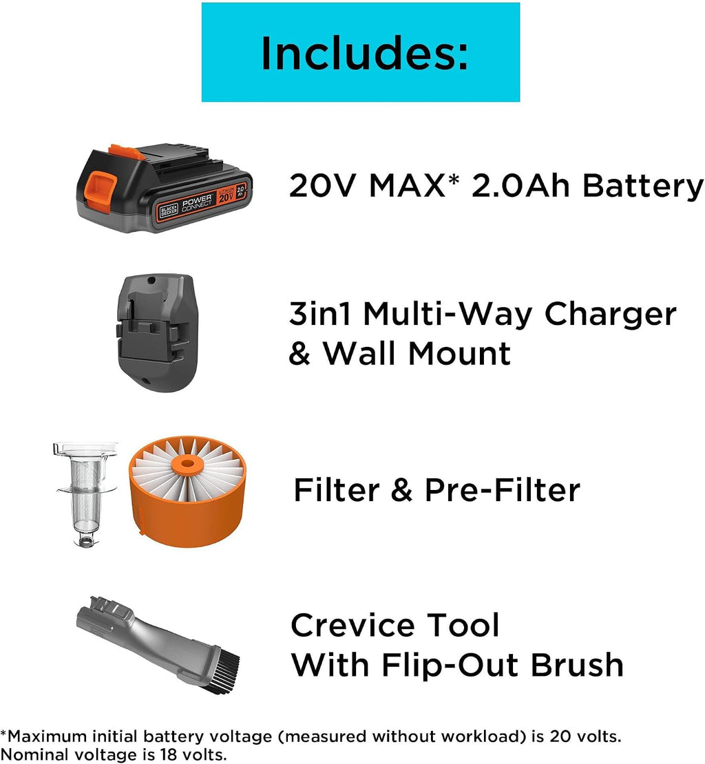 BLACK+DECKER Cordless Vacuum, Powerseries Extreme, Stick Vacuum Cordless Rechargeable, Interchangeable Floorhead with Crevice Attachment, 3 Speed Control, Lightweight, Blue (BSV2020G)