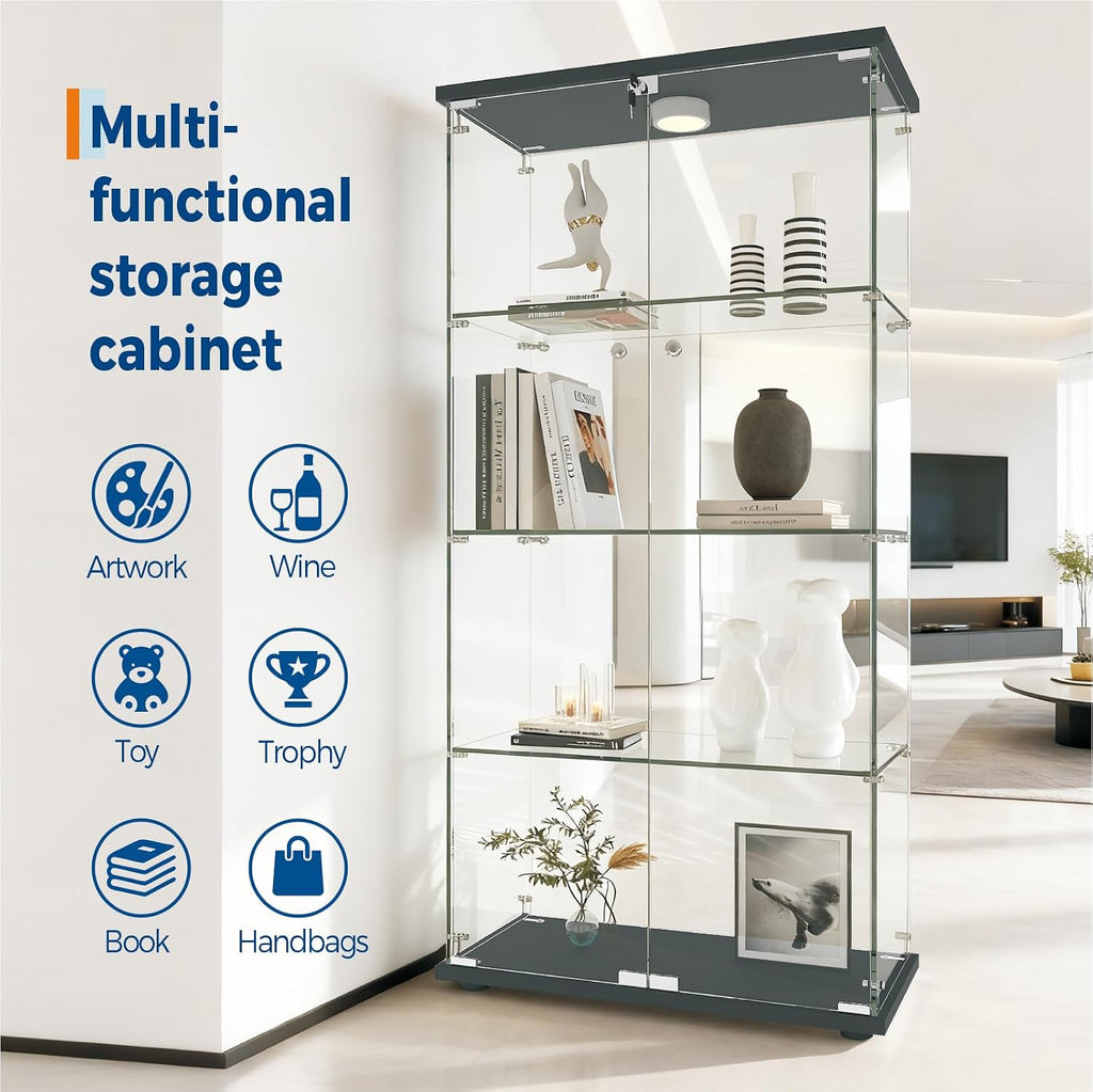 IDEALHOUSE Tempered Glass Display Cabinet with LED Light, 4 Shelves Lockable Curio Showcase, Double Doors Storage Cabinet for Living Room Bedroom Office, Black (64x31.7x14.3 in)