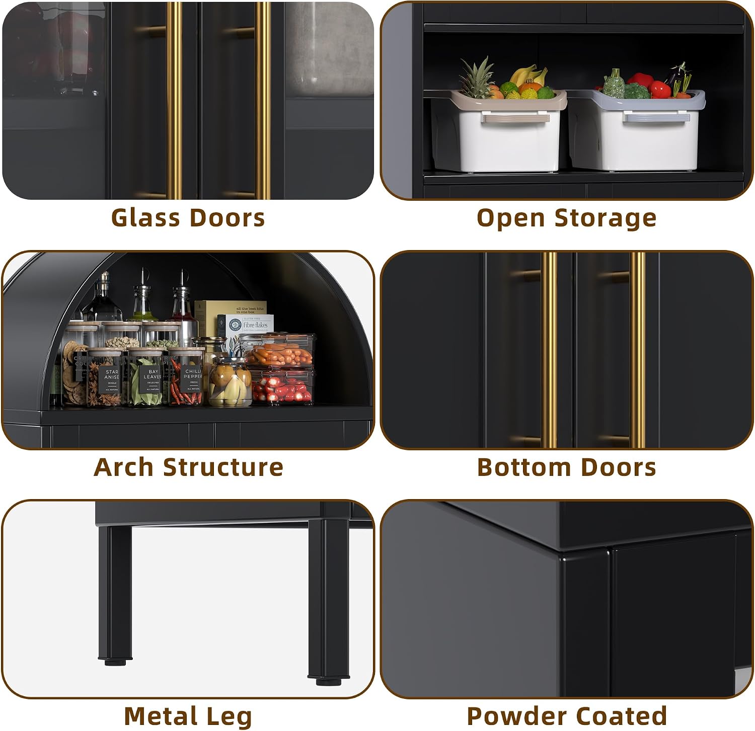 VEXPOR 73' Tall Arched Kitchen Pantry Cabinet with Doors, Metal Arched Hutch Cabinet for Kitchen, Dining Room, Living Room, Assembly Required, Black