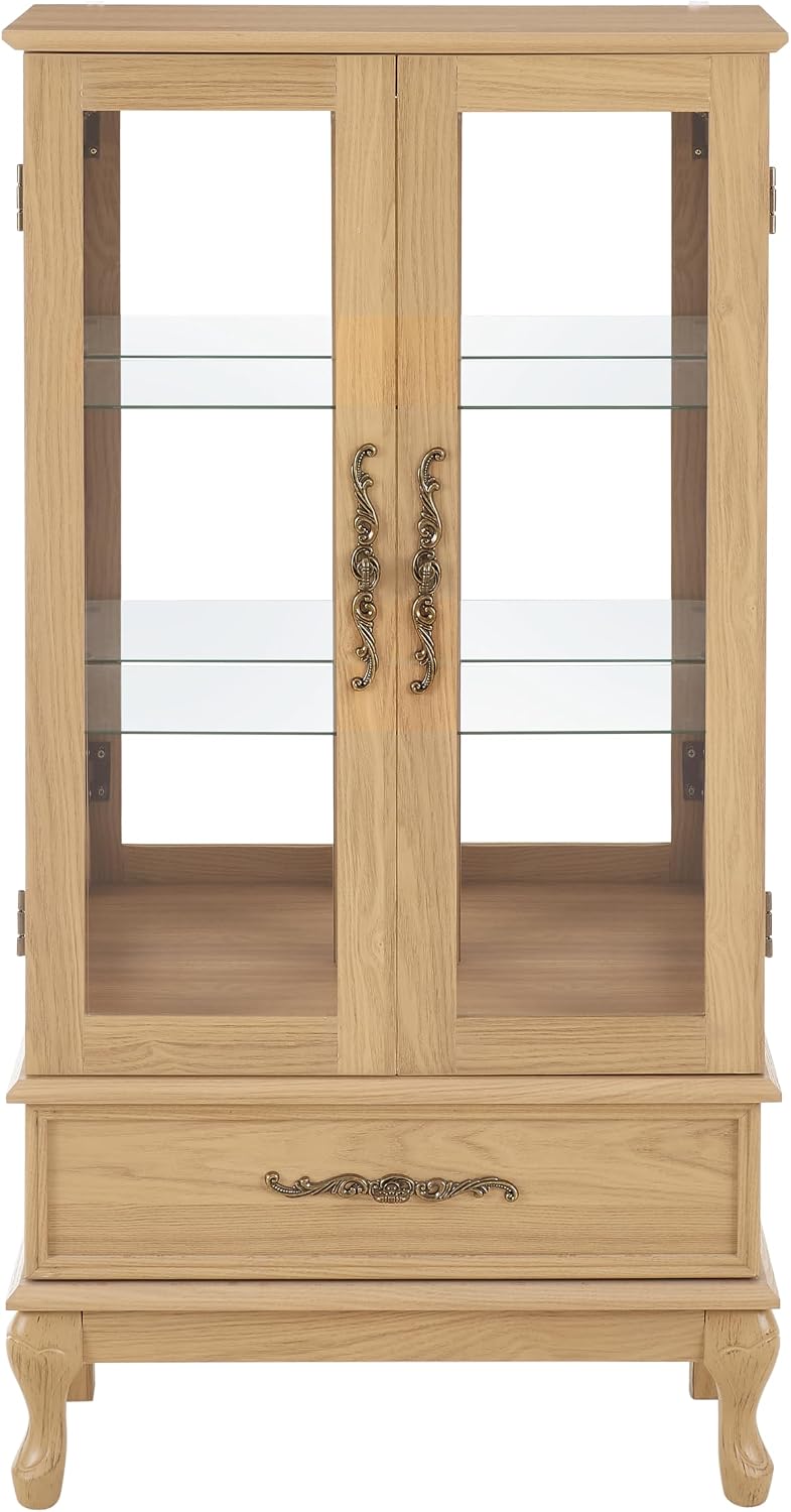51' H Lighted Curio Display Cabinet with 2 Doors & 1 Drawer, Wooden Glass Curio Showcase w/Adjustable Shelves & Mirrored Back Panel, Storage Cabinet Display Case for Living Room (Light Oak)