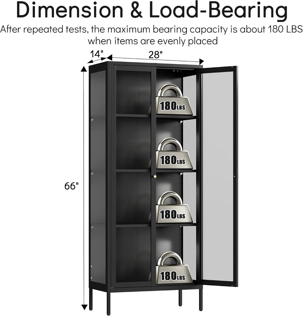 Polup Display Cabinet with 3 Side Tempered Glass, 66' Tall Curio Cabinet with Glass Doors, Black Display Case for Collectibles, Metal Storage Cabinet & Bookcase for Living Room, Assemble Required