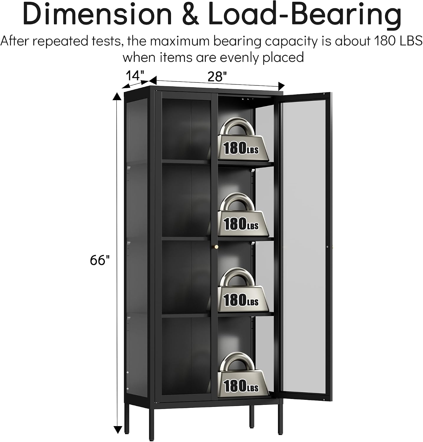 Polup Display Cabinet with 3 Side Tempered Glass, 66' Tall Curio Cabinet with Glass Doors, Black Display Case for Collectibles, Metal Storage Cabinet & Bookcase for Living Room, Assemble Required