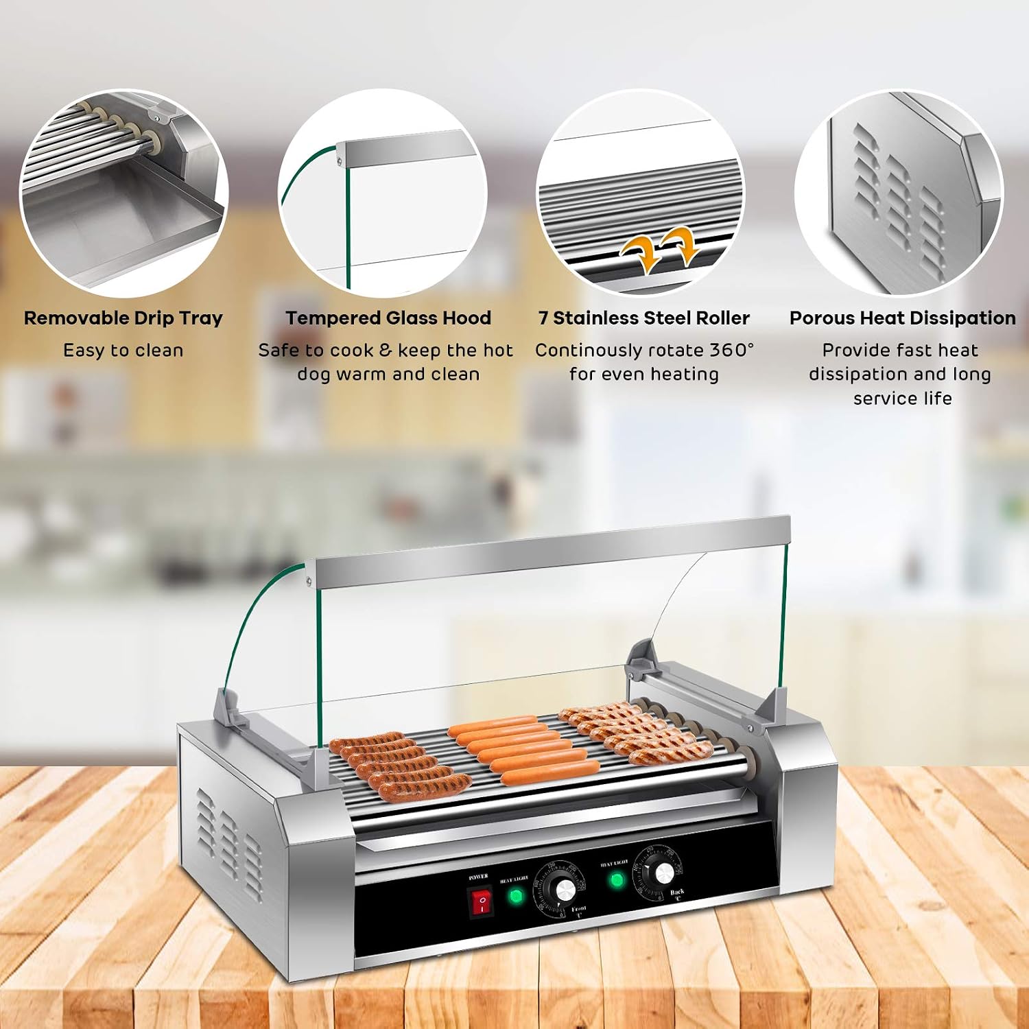 Happygrill Hot Dog Roller Machine, Electric Sausage Grill w/ 18 Hot Dog, 7 Non-Stick,Removable Stainless Steel Drip Tray and Glass Hood Cover,Commercial Household Hot Dog Grill Cooker