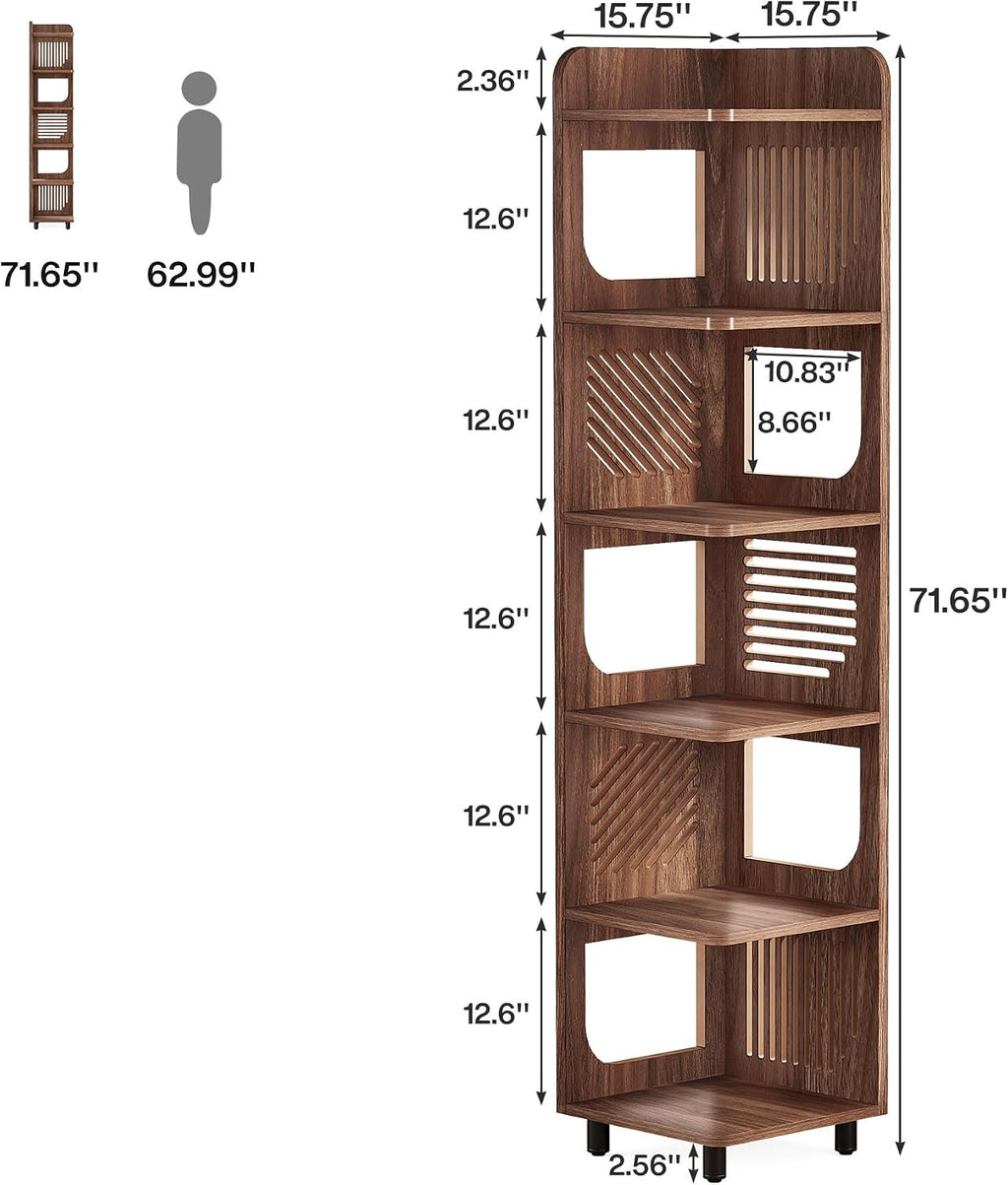 Tribesigns 6-Tier Tall Corner Shelf, 71-Inch Rustic Narrow Corner Bookshelf Bookcase with Square Rack, Freestanding Corner Display Storage Shelf Organizer for Living Room, Kitchen, Office, Brown