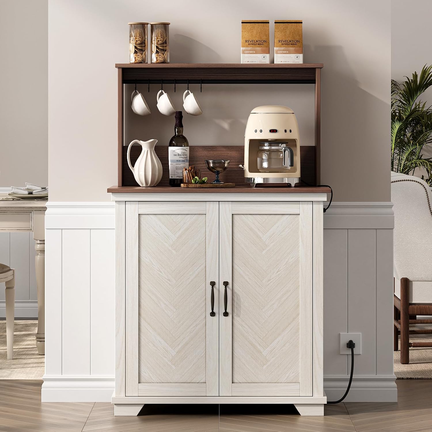 Farmhouse Coffee Bar Cabinet with Charging Station, 31.5' Kitchen Coffee Station, Coffee Bar Table with Storage, Adjustable Shelf and 6 Hooks, Buffet Cabinet for Living Room, Dining Room, White
