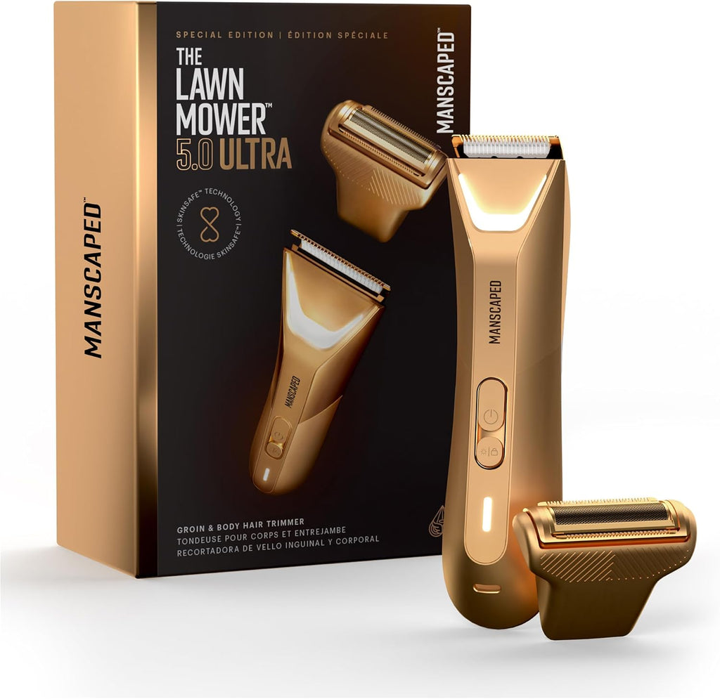 MANSCAPED® The Lawn Mower® 5.0 Ultra Groin & Body Hair Trimmer – Dual-Head SkinSafe® Trimmer & Foil Blades, Waterproof Groomer, USB-C Rechargeable with Travel Case, Men's Ball Shaver, Forged Gold