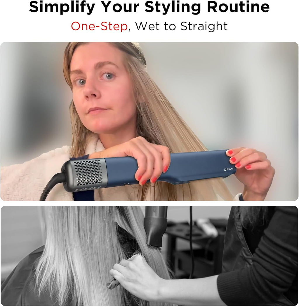 IG INGLAM Air Straight, Style from Wet Hair, 200M Ionic Hair Dryer Straightener for Medium Long Length(14'-30'), Straightener and Dryer 2 in 1, Fast Drying and Straightening in One Step, Dark Blue