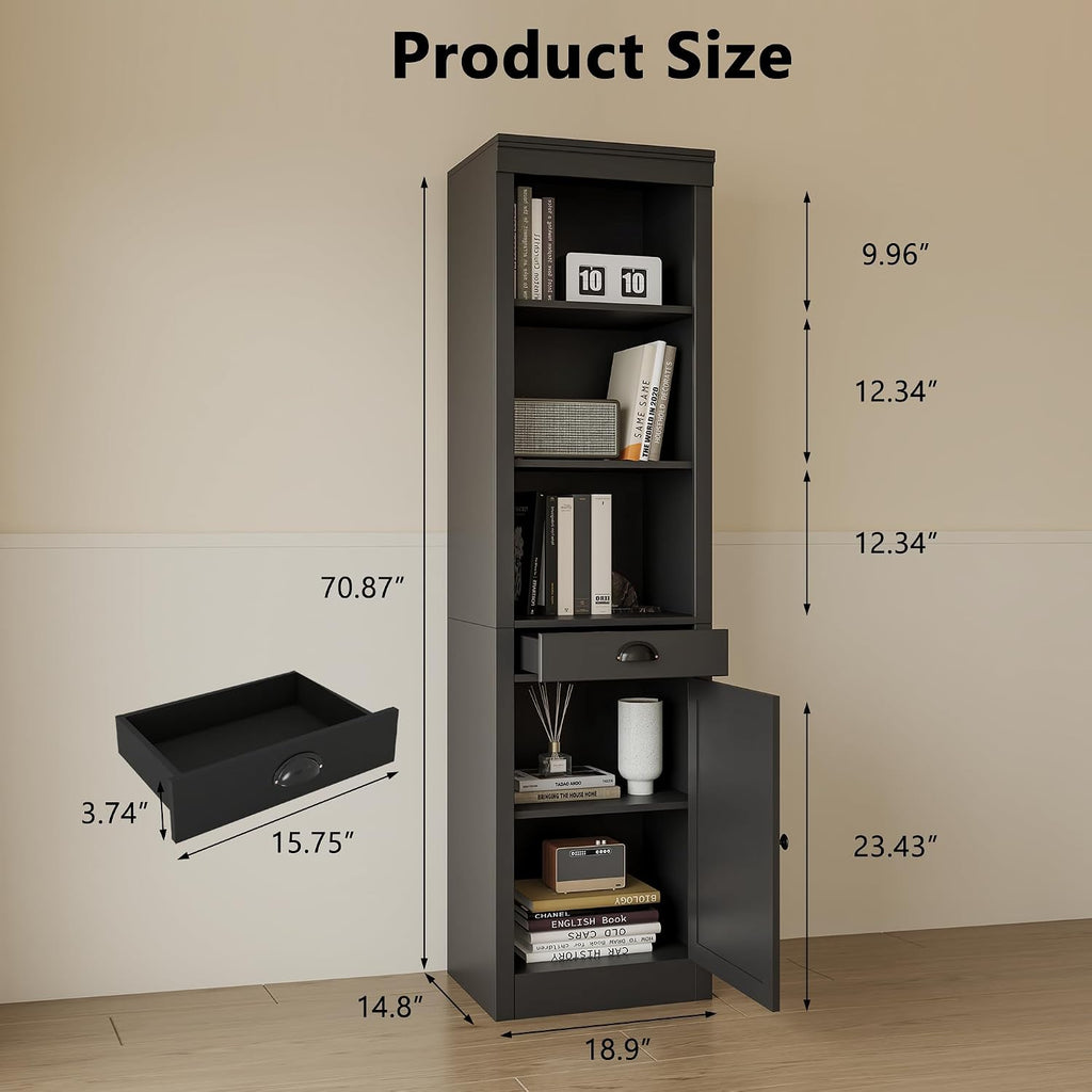 GarveeHome 71 inch Tall Bookcase with Drawers & Doors, 3-Tier Open Bookshelf with Adjustable Shelves, Narrow Storage Cabinet for Living Room, Office, Bedroom, Bathroom，White (Black)