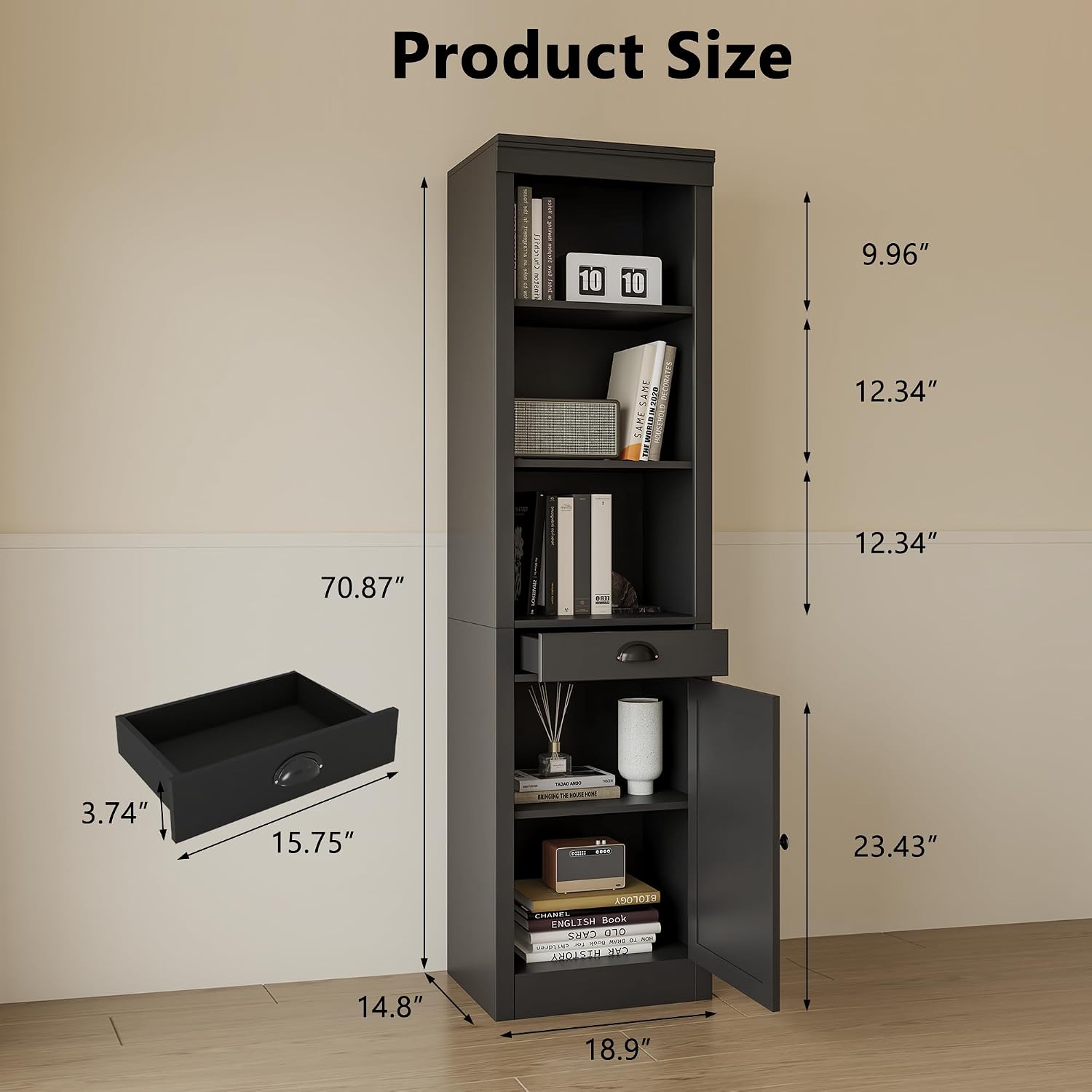 GarveeHome 71 inch Tall Bookcase with Drawers & Doors, 3-Tier Open Bookshelf with Adjustable Shelves, Narrow Storage Cabinet for Living Room, Office, Bedroom, Bathroom，White (Black)