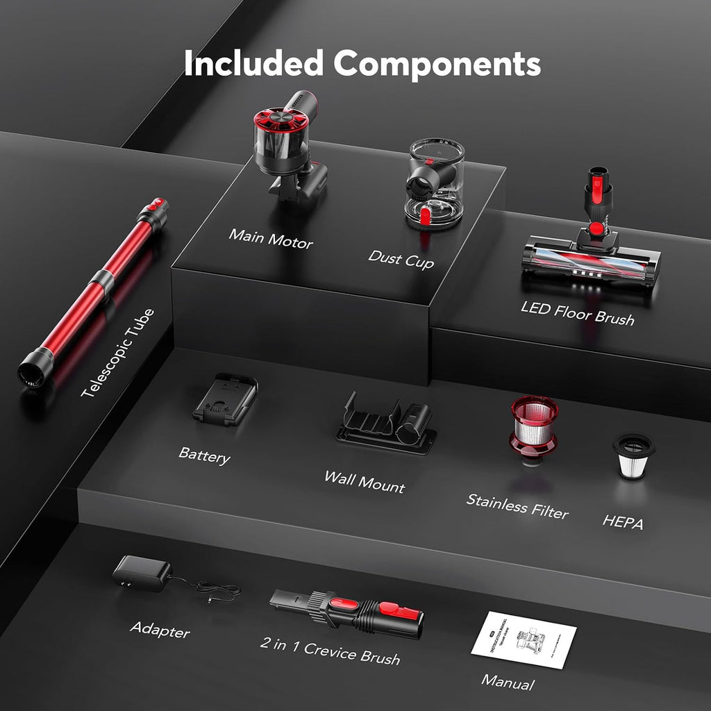 Comvtu Cordless Vacuum Cleaner Rechargeable with 2600mAh Detachable Battery, Powerful Vacuums with 2 Adjustable Modes, Lightweight Portable Stick Vacuum for Home (Afterglow Red)