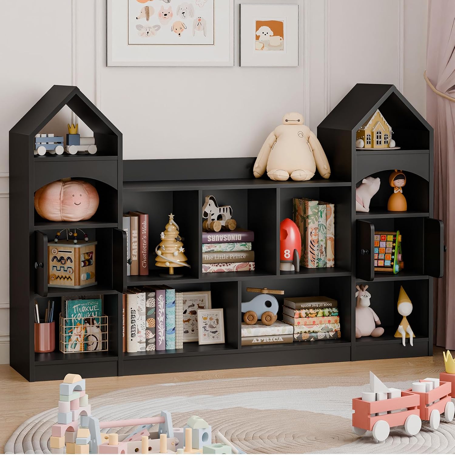 Vabches Castle Shape Children's Bookshelf, Kids Bookcase Display Case Kids Toy Storage Organizer Multifunctional Storage Cabinet Bookshelf Suitable for Playroom, Children's Room, Living Room, Black