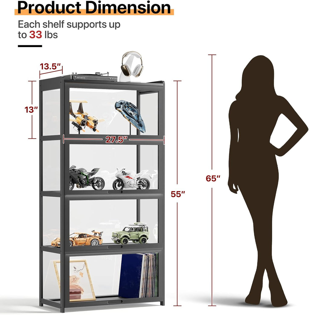 Athena Collection Curio Display Cabinet, 4-Tier Acrylic Display Case 55' Tall Display Cabinet for Collectibles Figures Trophy for Living Room Office and Bedroom- Black