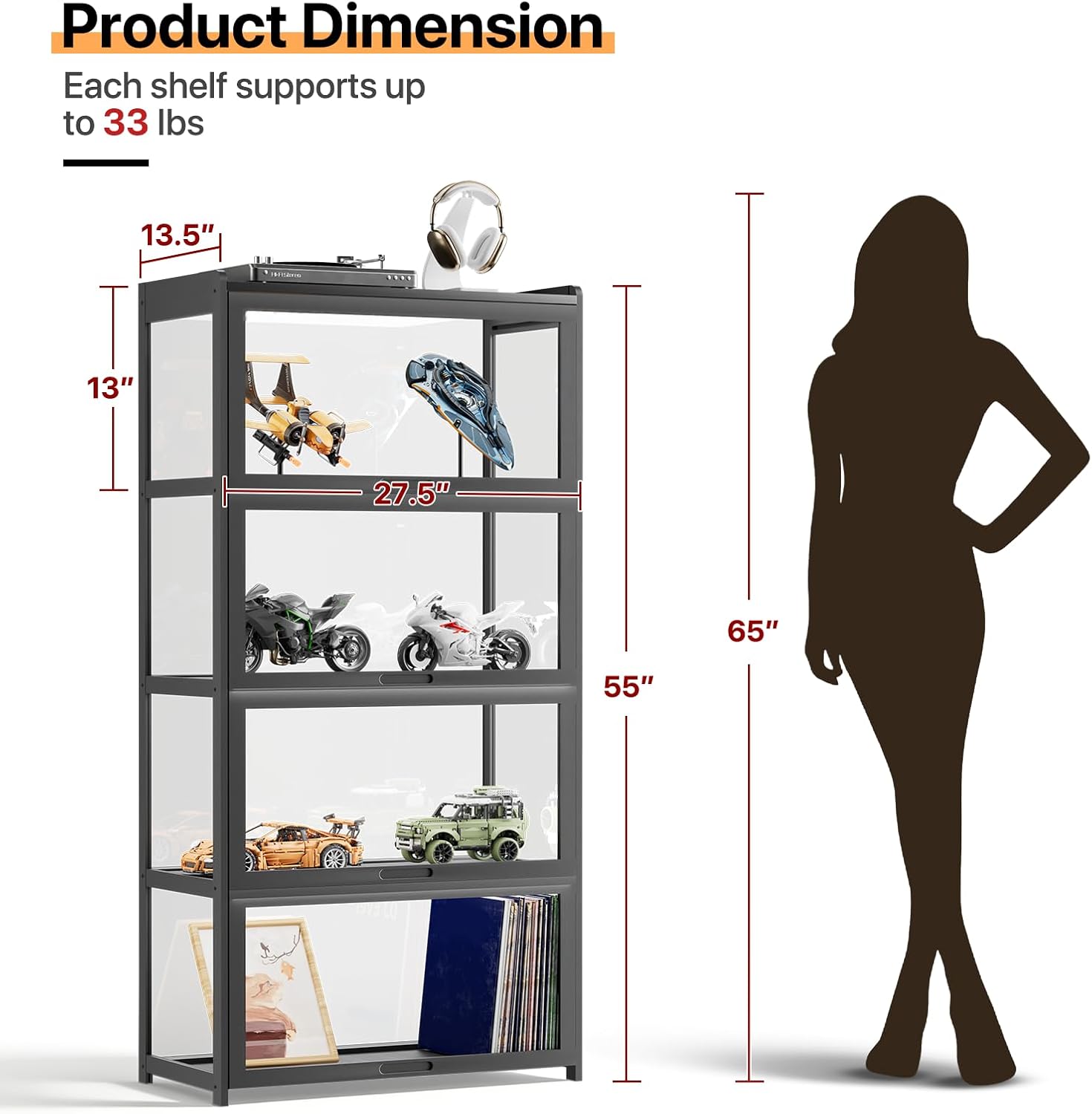 Athena Collection Curio Display Cabinet, 4-Tier Acrylic Display Case 55' Tall Display Cabinet for Collectibles Figures Trophy for Living Room Office and Bedroom- Black