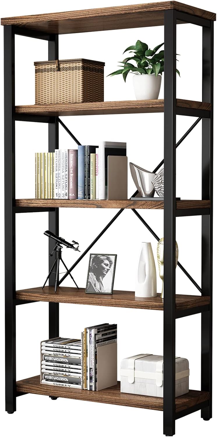 AY-AOYUAN 5 Tier Industrial Solid Wood Bookshelf, Open Etagere Bookcase with Metal Frame, Vintage Industrial Style Bookcase/Metal and Wood Bookshelf Furniture (AY01-5tier)